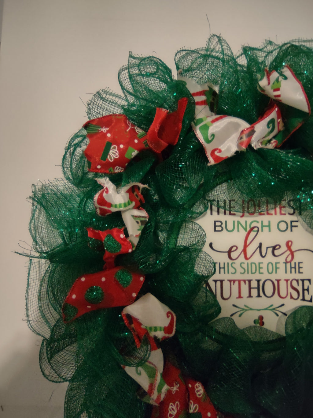 Handmade Christmas Wreath Green Red Ribbon Elf Elves Nuthouse 20" (lot 1293)