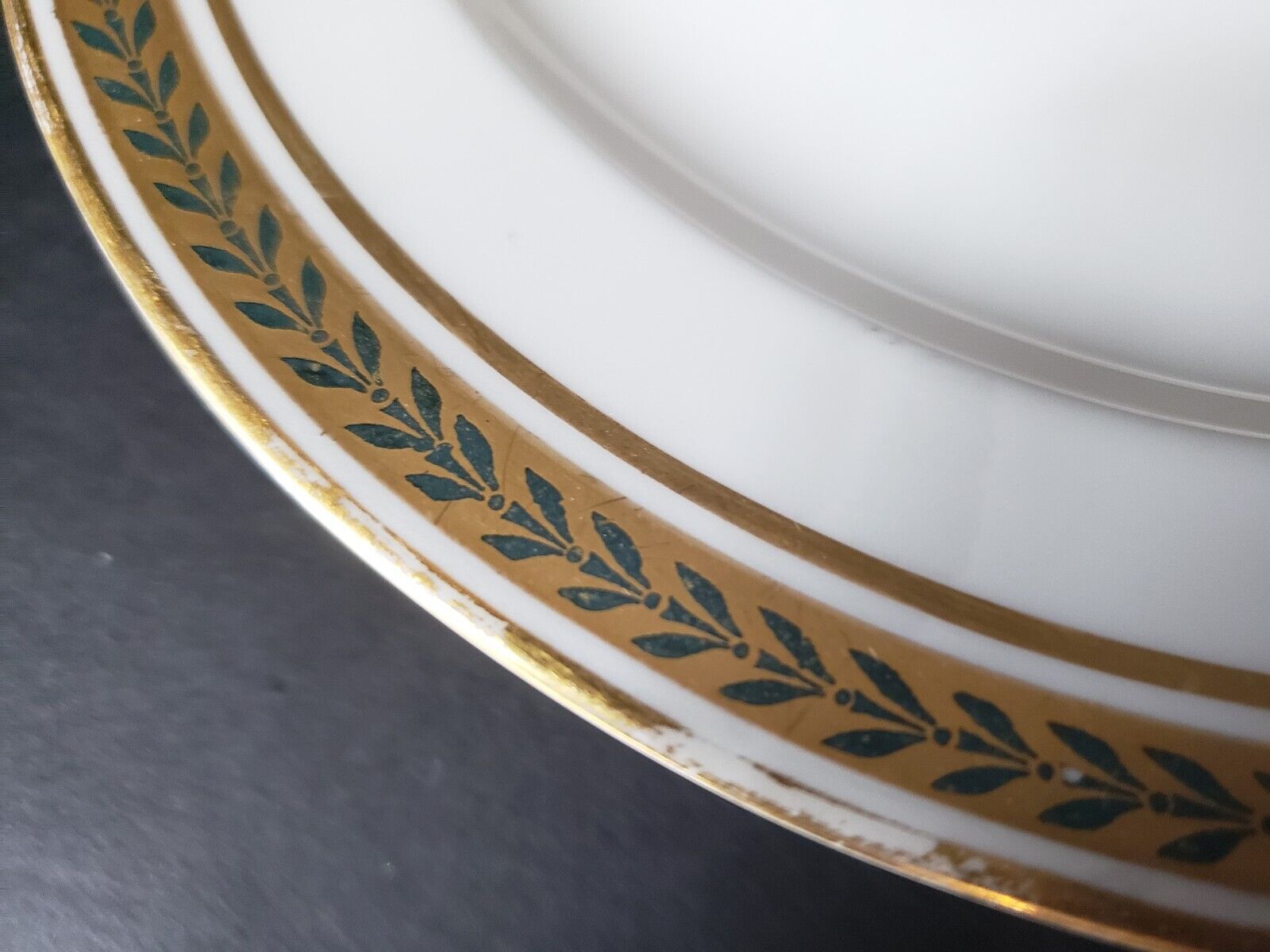JP Limoges France Gold Trim Green Laurel Dessert Plate 7-1/2" (lot 599)