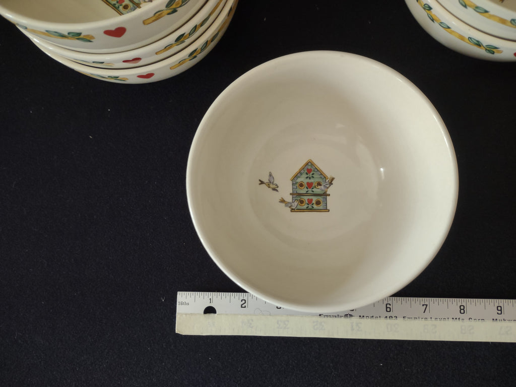 Vintage Thomson Pottery Birdhouse Soup Cereal Bowls X 6 (Lot 2925)