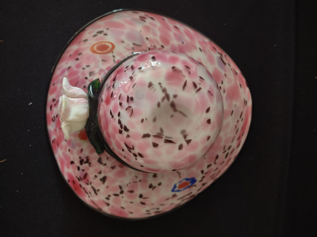 Millefiori Art Glass Block Crystal Pink Confetti Hat Fruit Bowl (Lot 3221)