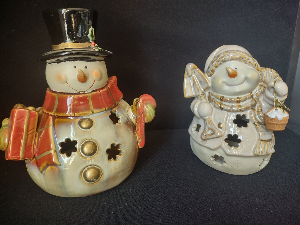 Set of 2 Tealight Holder Ceramic Christmas Snowman (lot 1705)