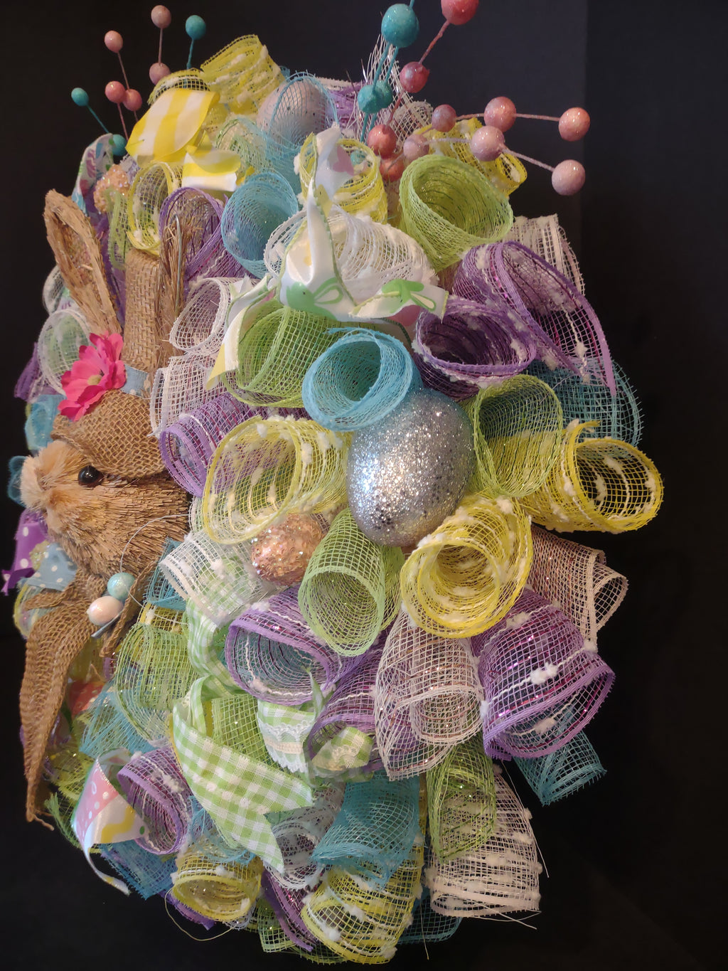 Easter Bunny Spring Mesh Ribbon Wreath Handmade 22" (lot 1400)