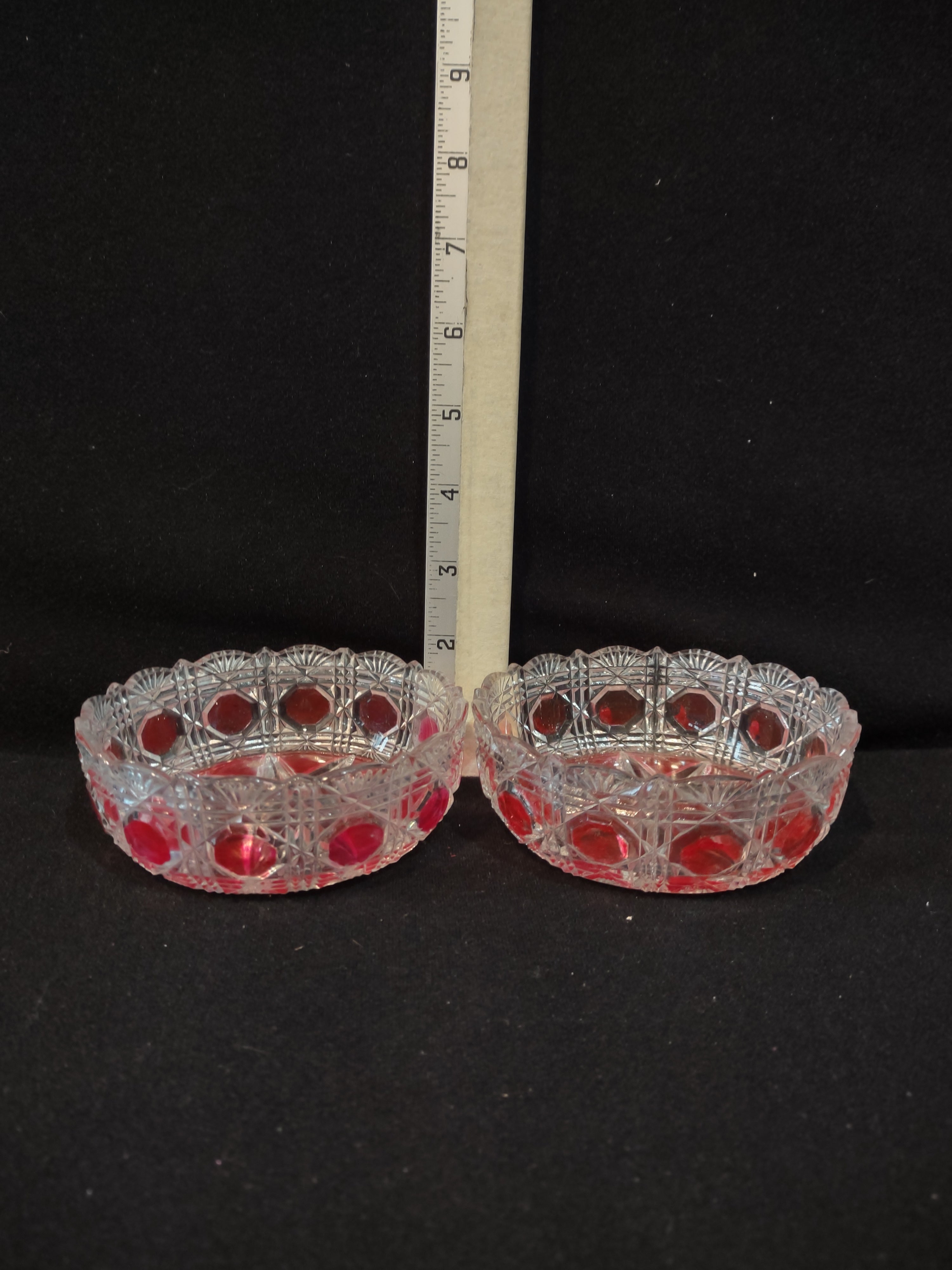Vintage Glass Candy Condiment Star Bowl Red Geometric Pattern x 2 (Lot 5340)