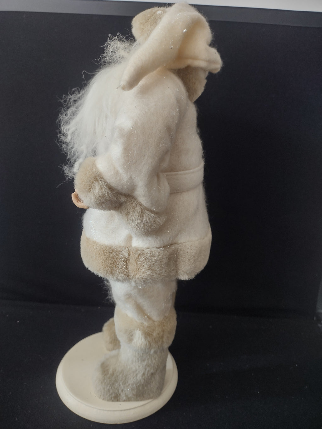 Vintage Christmas Beige Gold Plush Standing Santa Wooden Base (Lot 3593)