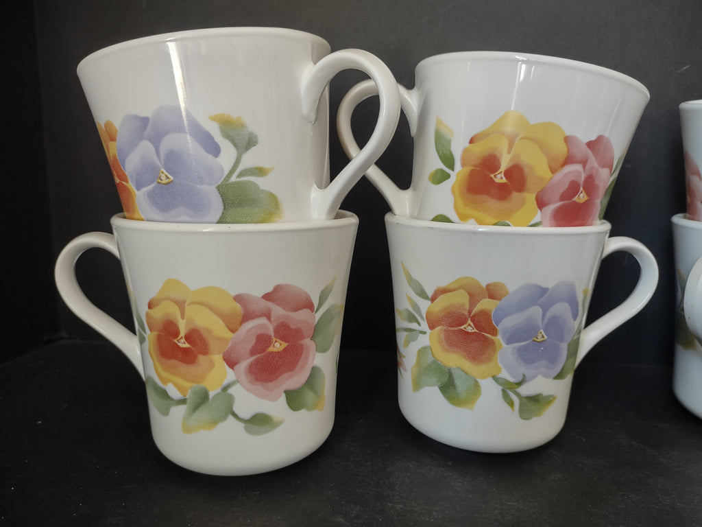 Corning Summer Blush Pansy Flower Tea Coffee Mug Cup Set of 8 (lot 2956c)