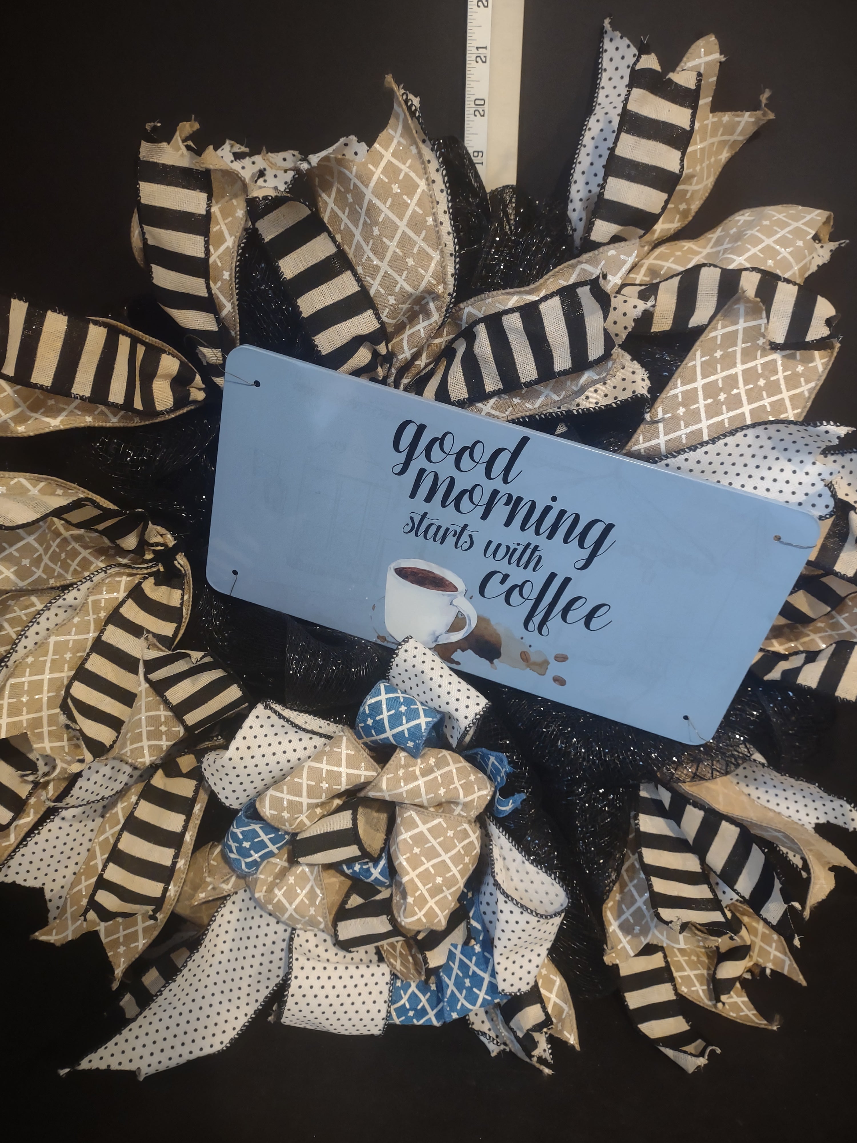 Good Morning Starts with Coffee Wreath Ribbon Mesh Decor Handmade (lot 1408)