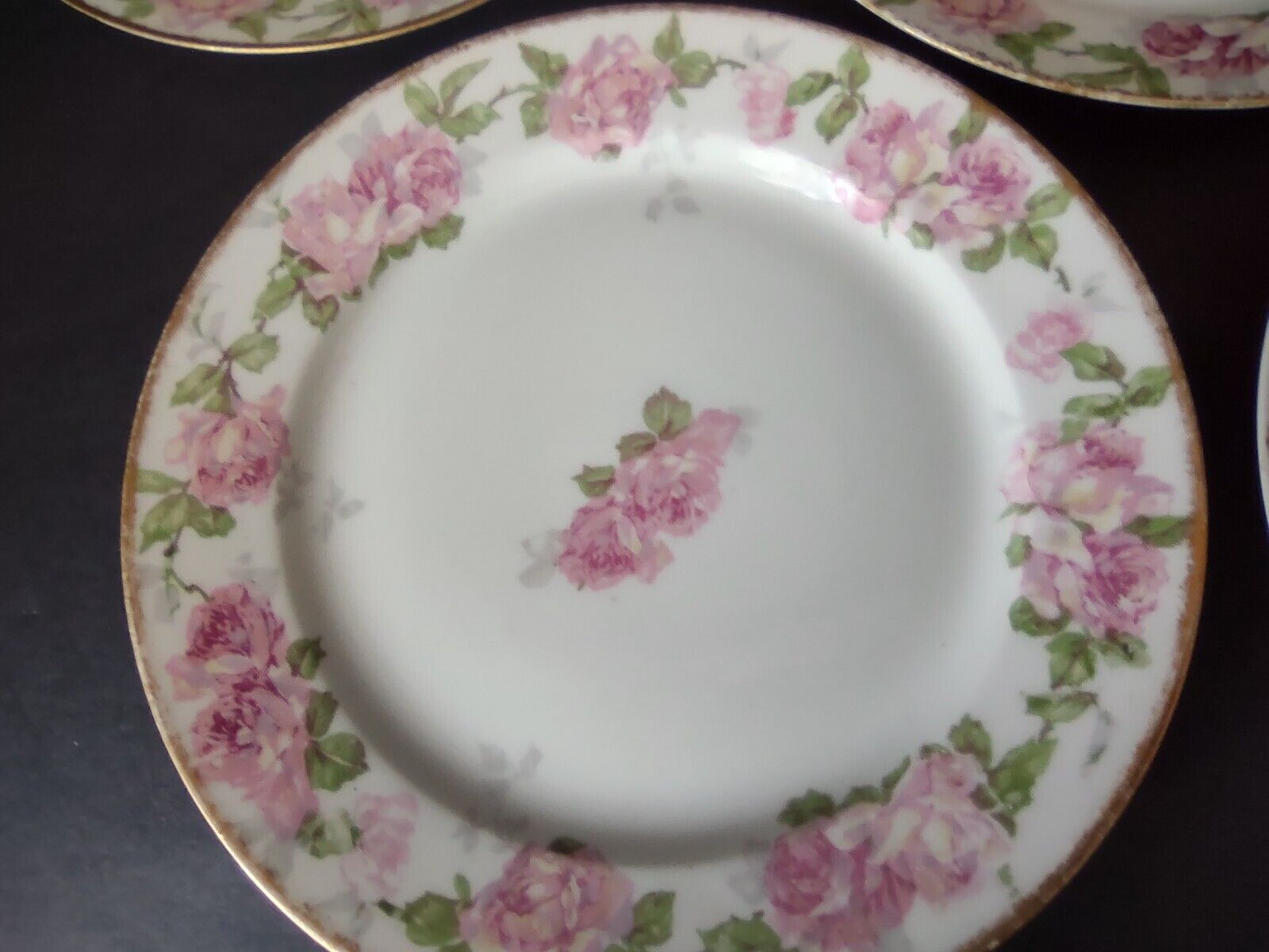 5 x PL Redon Limoges France Large Rose Dessert Plate Gold Trim 7-3/8" (lot 489)