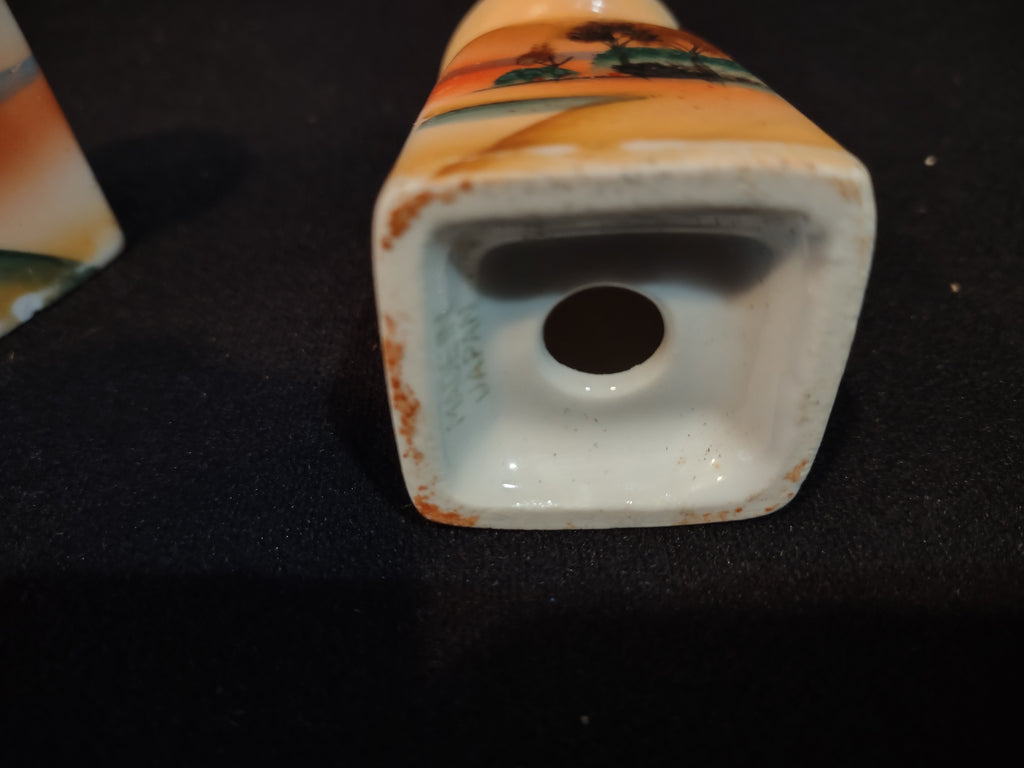 Vintage Japan Ceramic Salt Pepper Shaker Lake Trees Orange IMPERFECT (lot 5371)