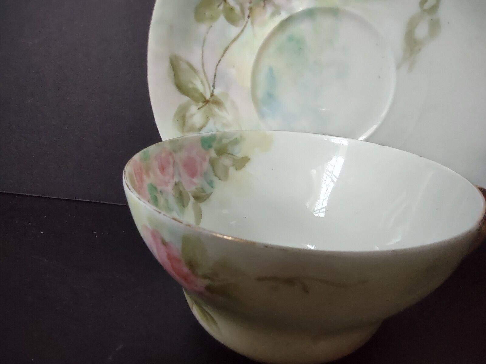 Haviland Limoges Gold Trim Pink Roses Teacup and Saucer IMPERFECT (lot 703)