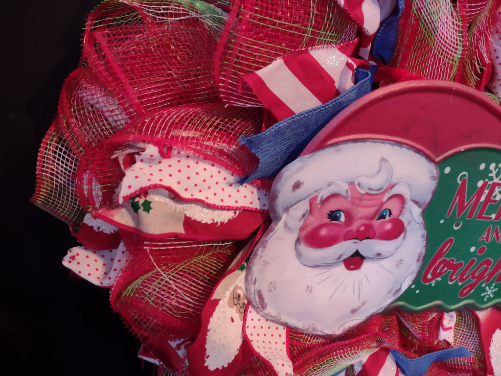Handmade Christmas Wreath Sparkly Red White Blue Ribbon 22" Santa Merry lot 1294