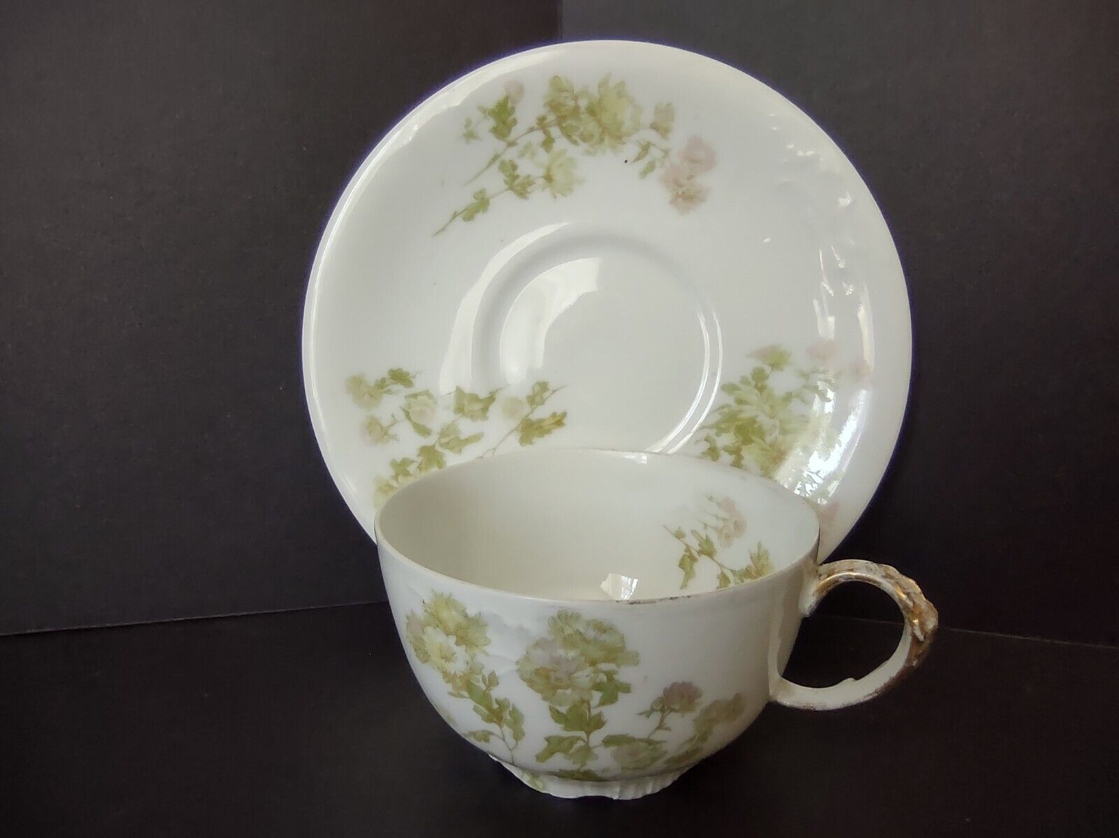 JP Limoges France Porcelain Teacup & Saucer Green Flower Gold Handle (lot 734)