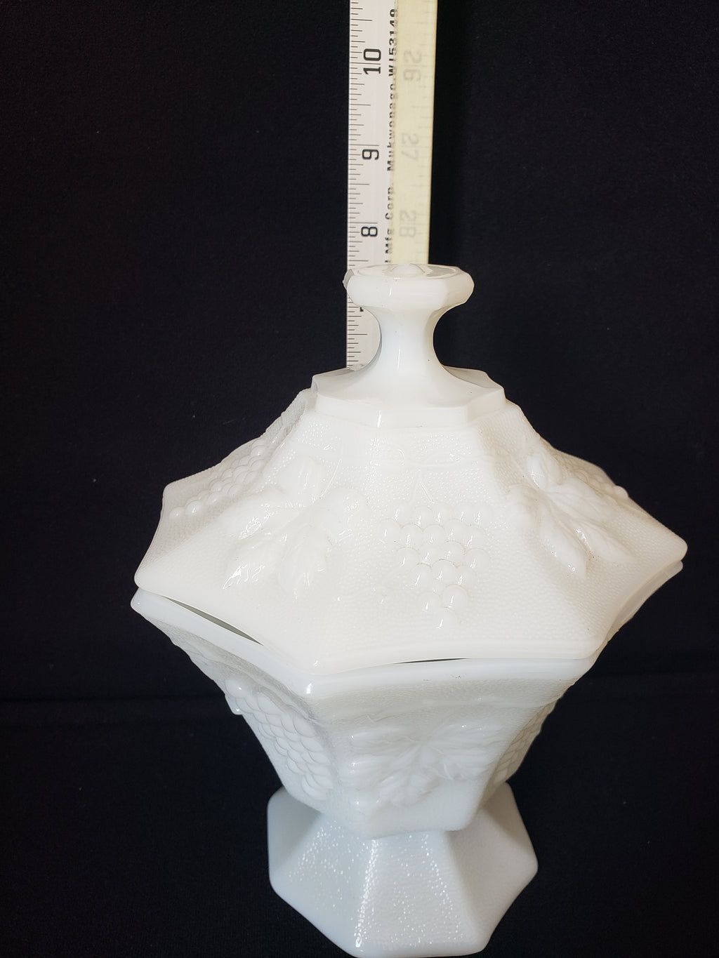 Vintage Milk Glass Candy Container Grape Design with Lid (lot 2219)