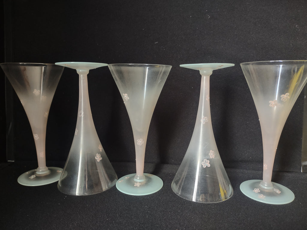 Set 5 Frosted Champagne Trumpet Pink Flowers Hand Painted Vintage MCM (lot 2741)