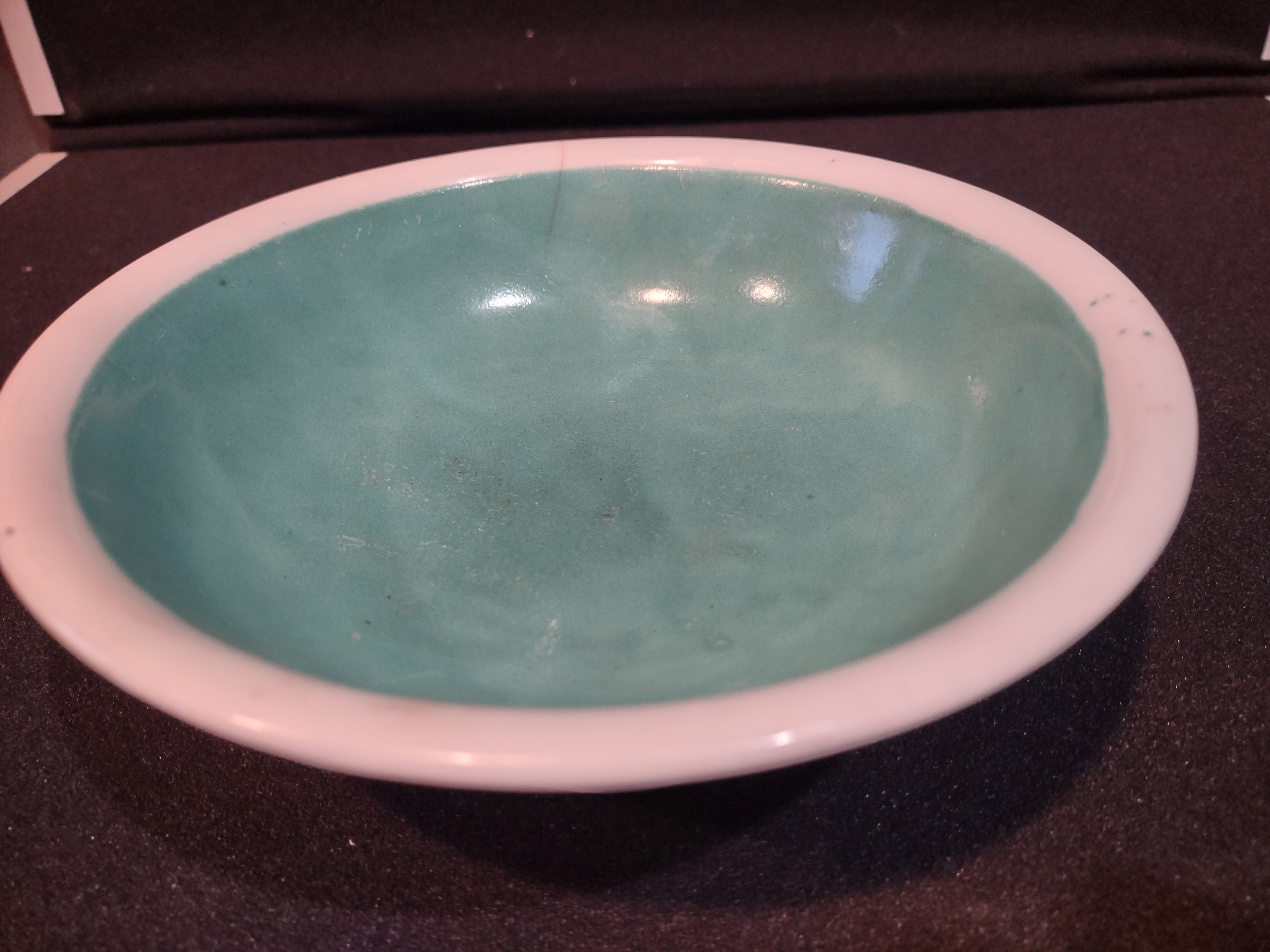 Vintage Ceramic Enameled Footed Bowl China Turquoise IMPERFECT (lot 5393)