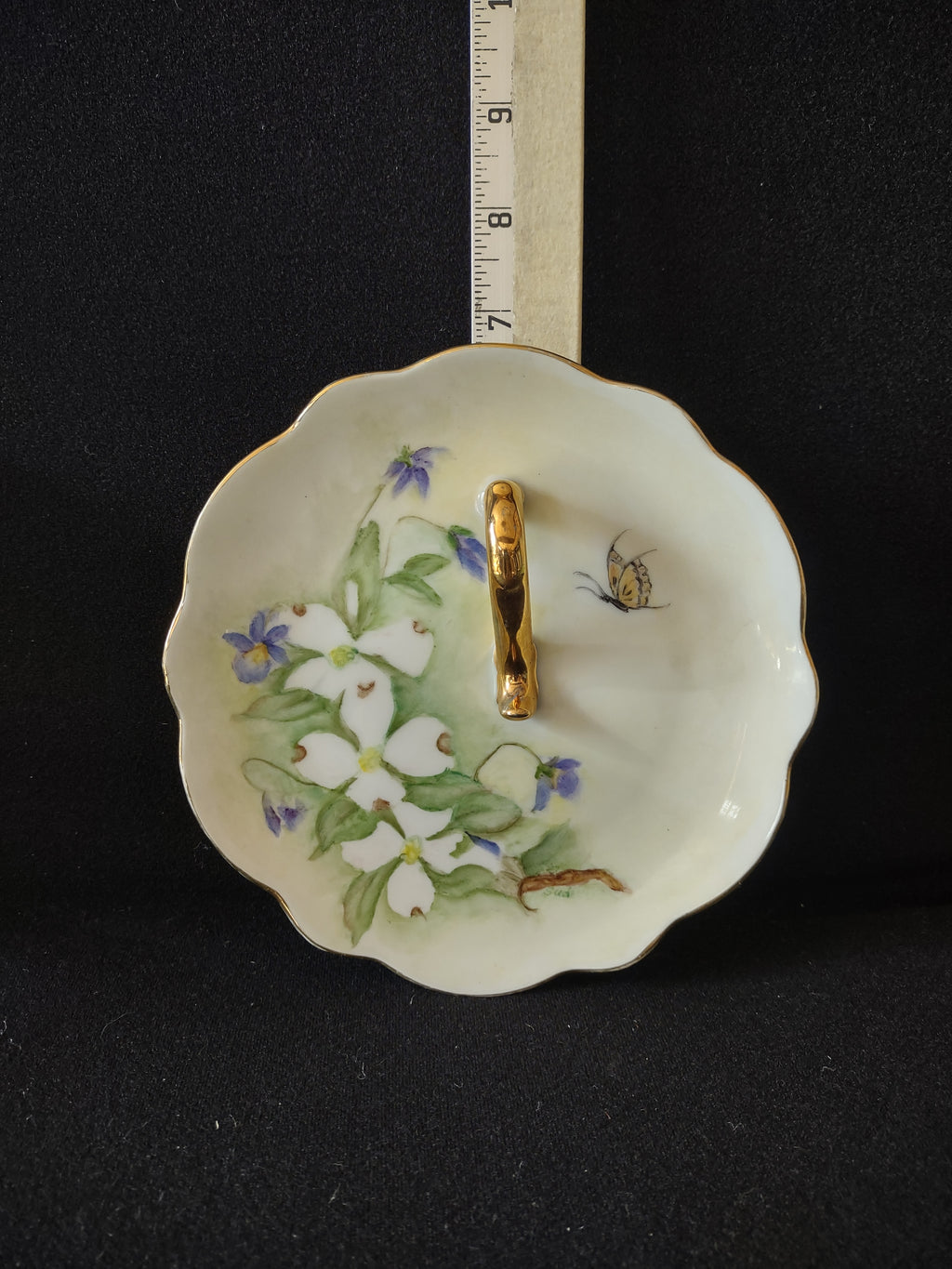 Vintage Lemon Server Gold Handle Flowers Butterfly Hand Painted Sudie (Lot 5093)