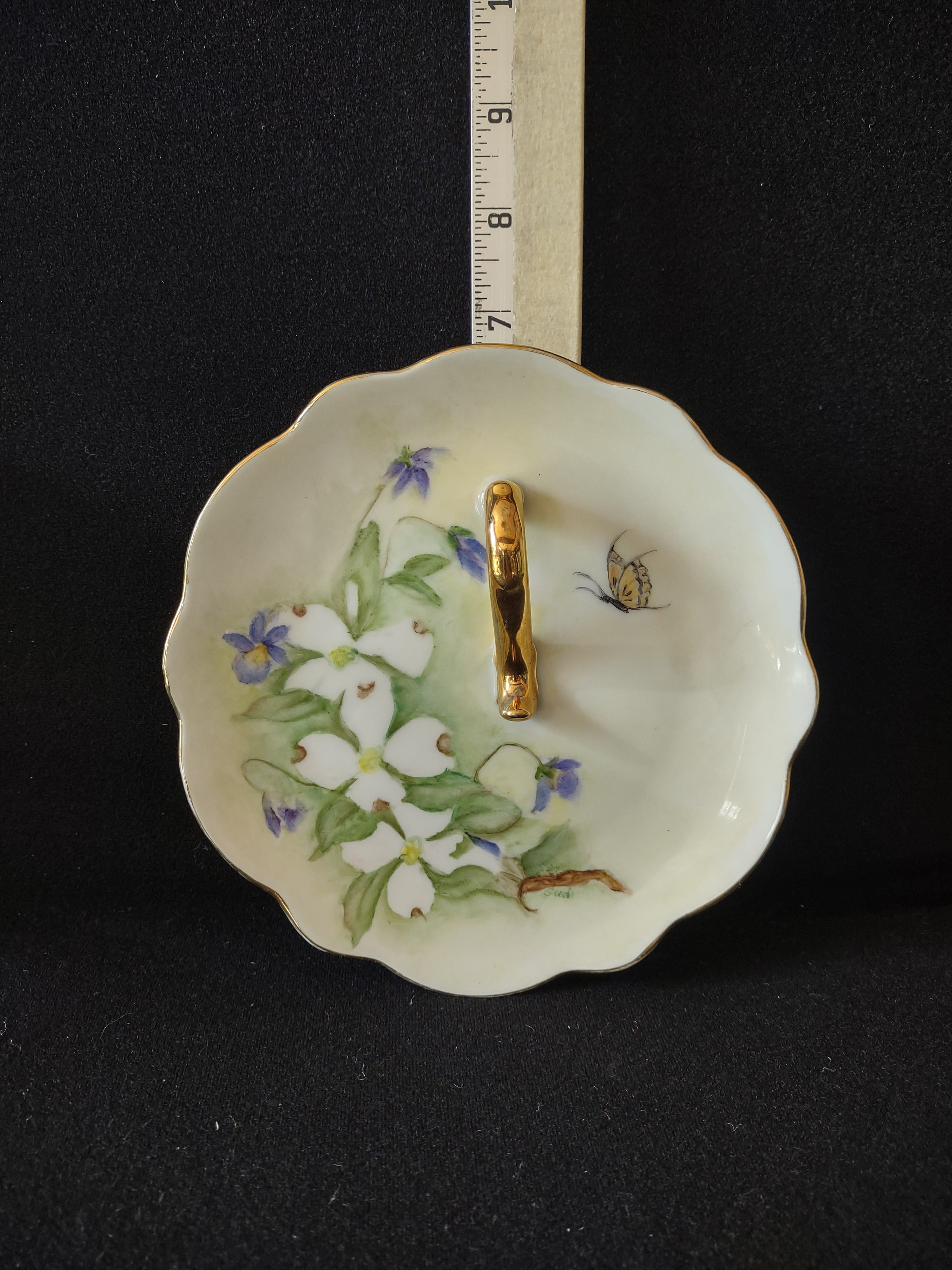 Vintage Lemon Server Gold Handle Flowers Butterfly Hand Painted Sudie (Lot 5093)