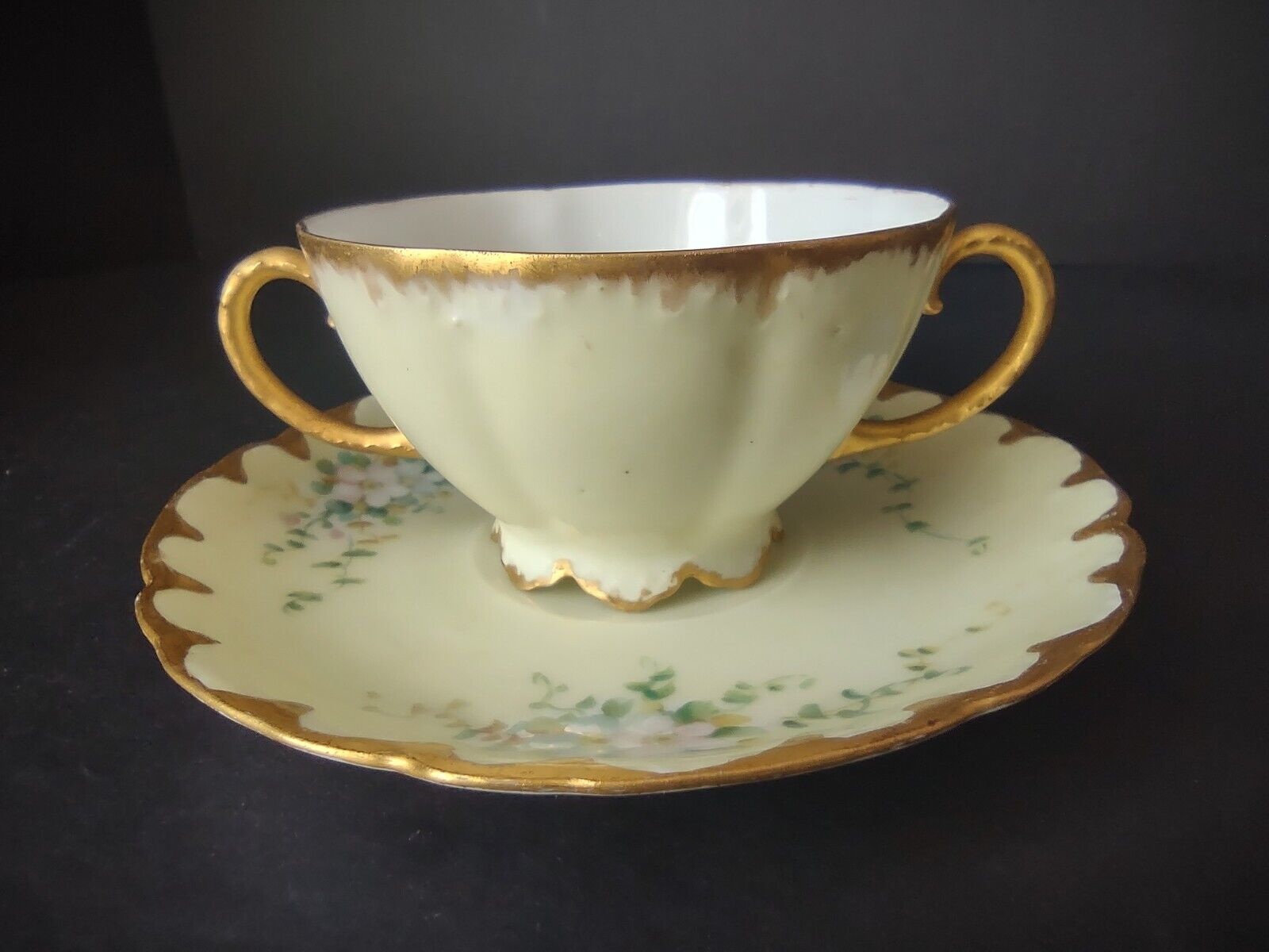 Vintage Malmaison Bavaria Gold Trim Teacup Bouillon Cup Yellow Floral (lot 756)