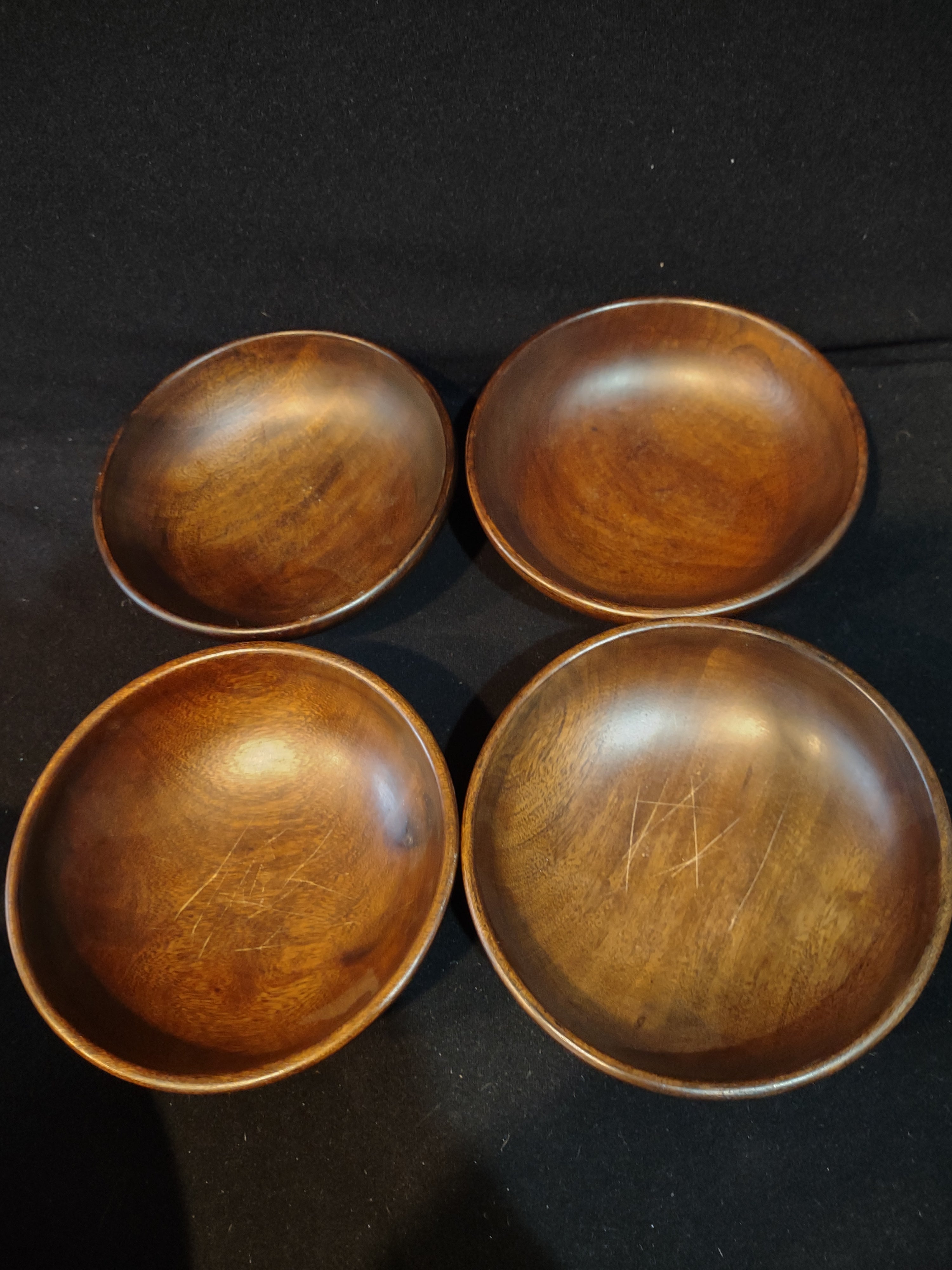 Vintage Wooden Large Salad Bowl 4 Small Bowls Serving Utensils (Lot 5231)