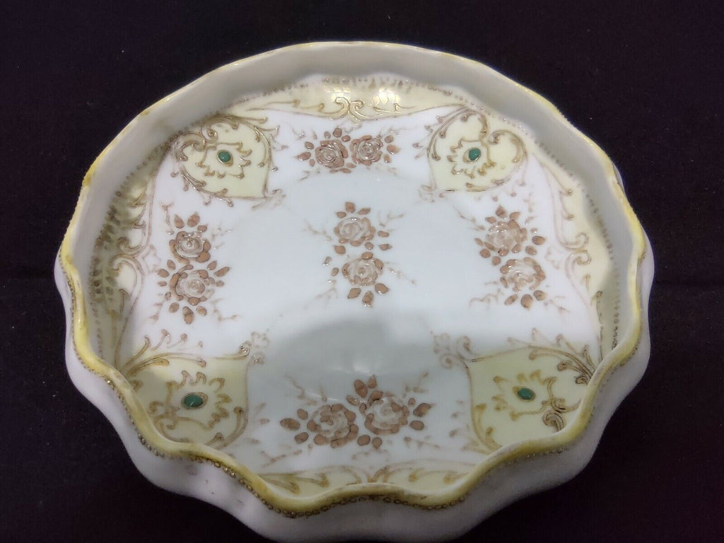 037 Vintage Hand Painted Nippon Moriage Gold Beaded Raised Design Footed Dish