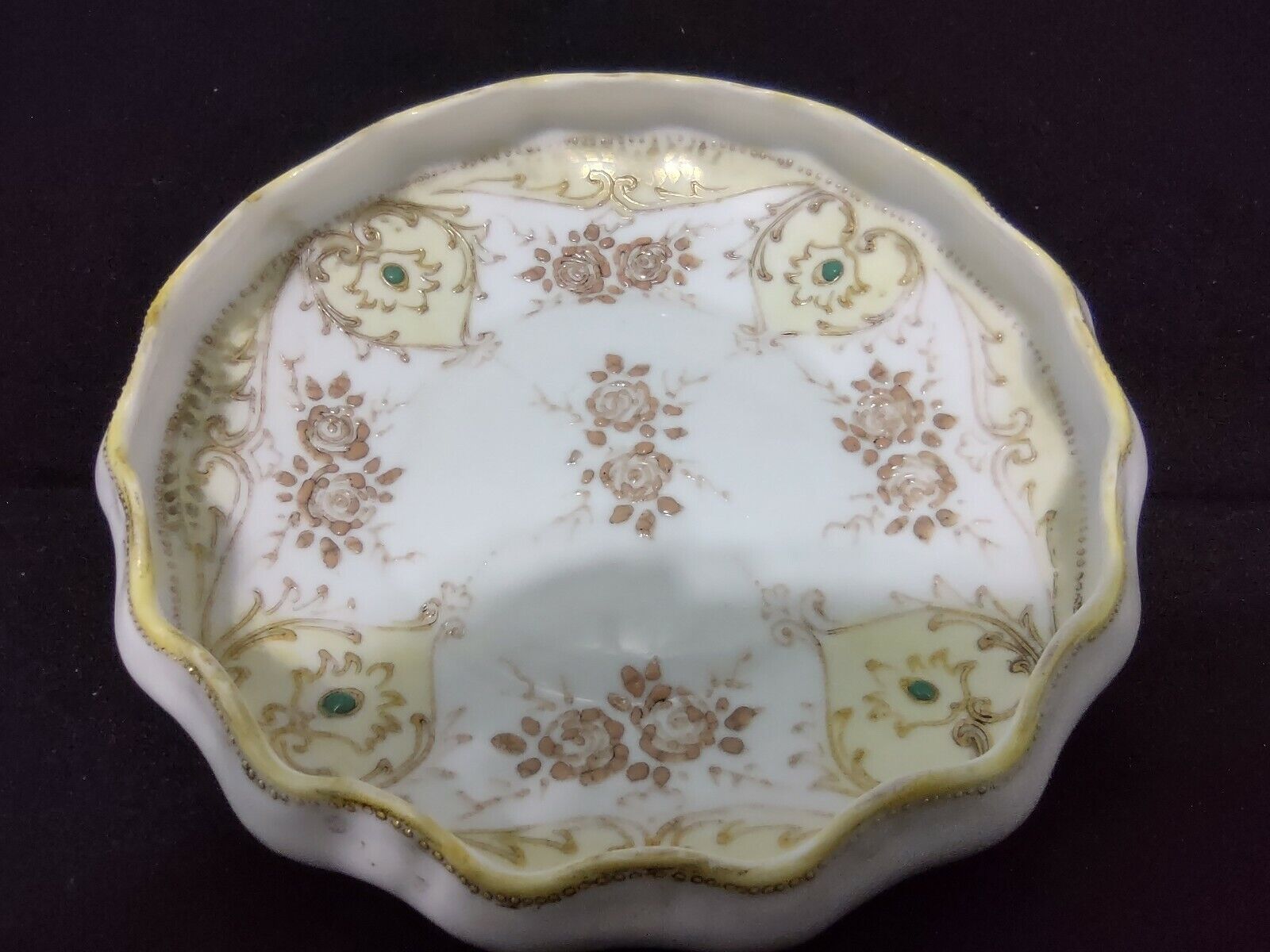 037 Vintage Hand Painted Nippon Moriage Gold Beaded Raised Design Footed Dish