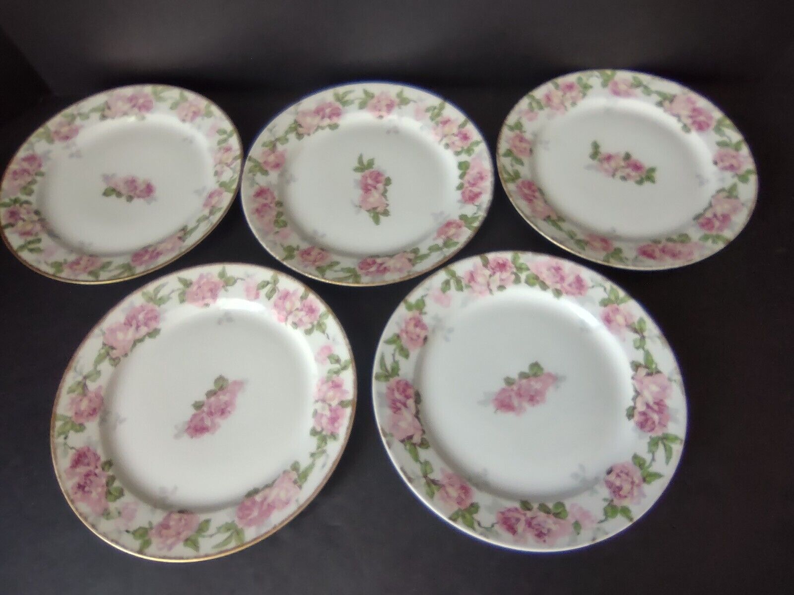 5 x PL Redon Limoges France Large Rose Dessert Plate Gold Trim 7-3/8" (lot 489)