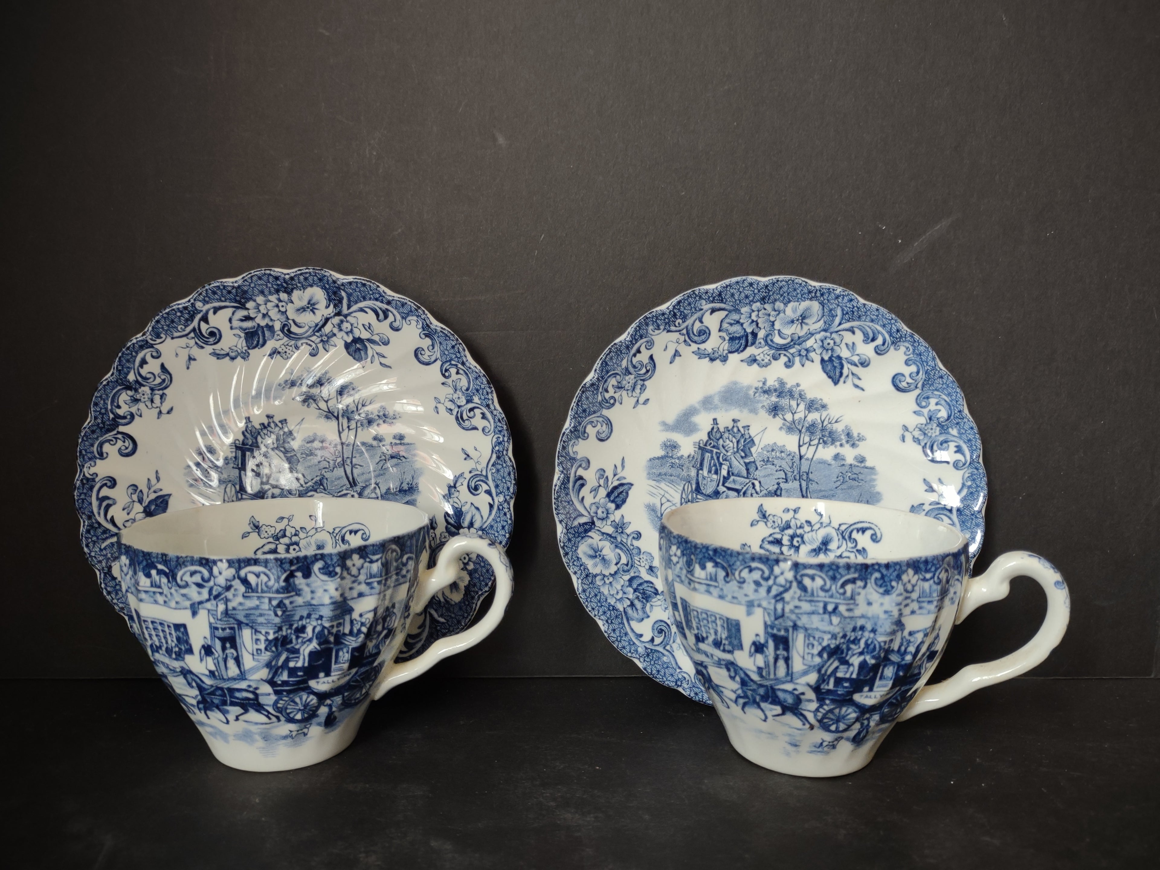 Vintage Ironstone Coaching Scenes Johnson Bros Teacup Saucer x 2 (lot 5560)