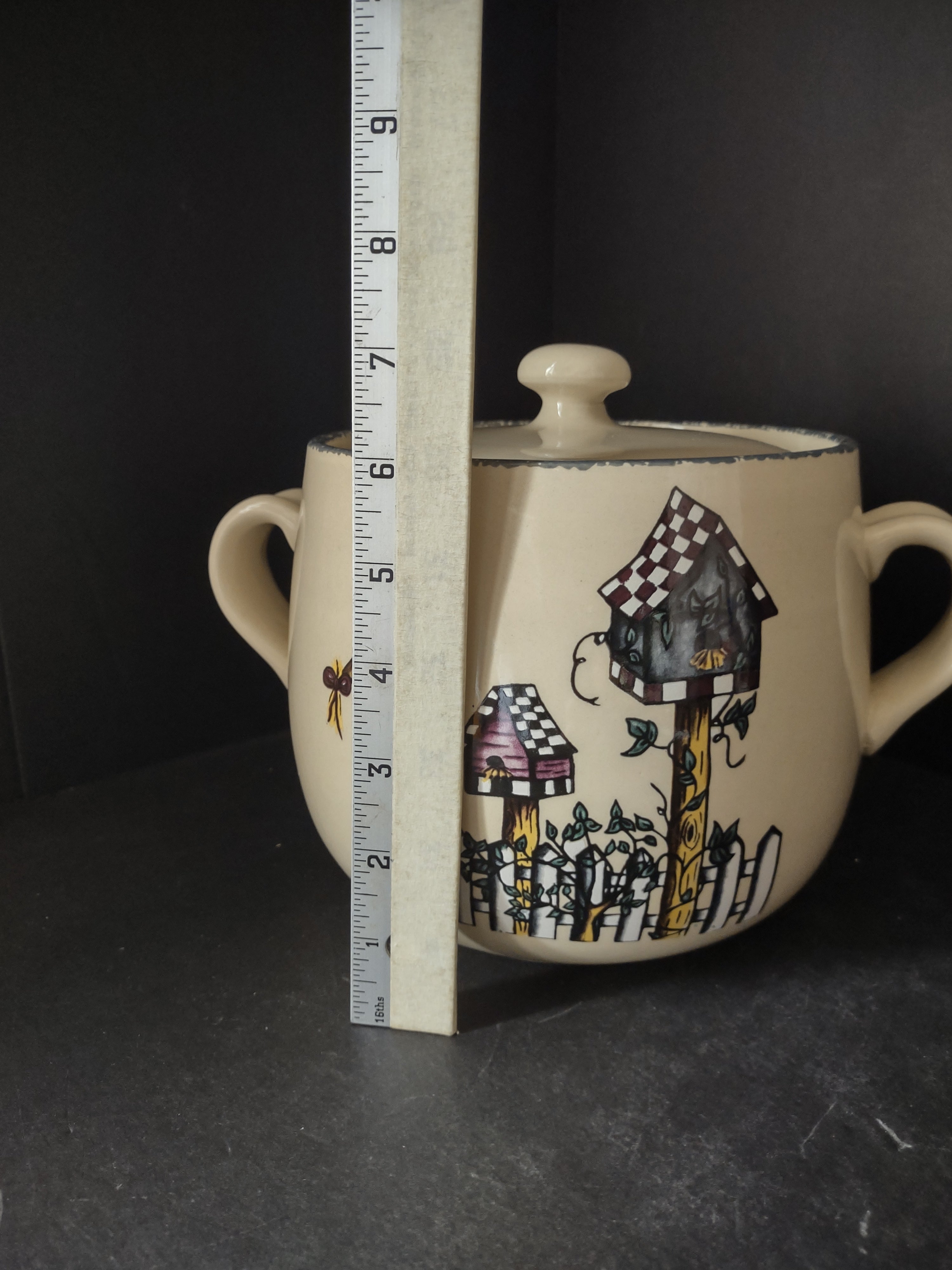 Home and Garden Party Stoneware Birdhouse Bean Pot Cookie Jar Handles (lot 2934c)