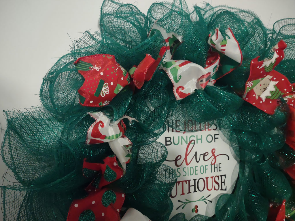 Handmade Christmas Wreath Green Red Ribbon Elf Elves Nuthouse 20" (lot 1293)