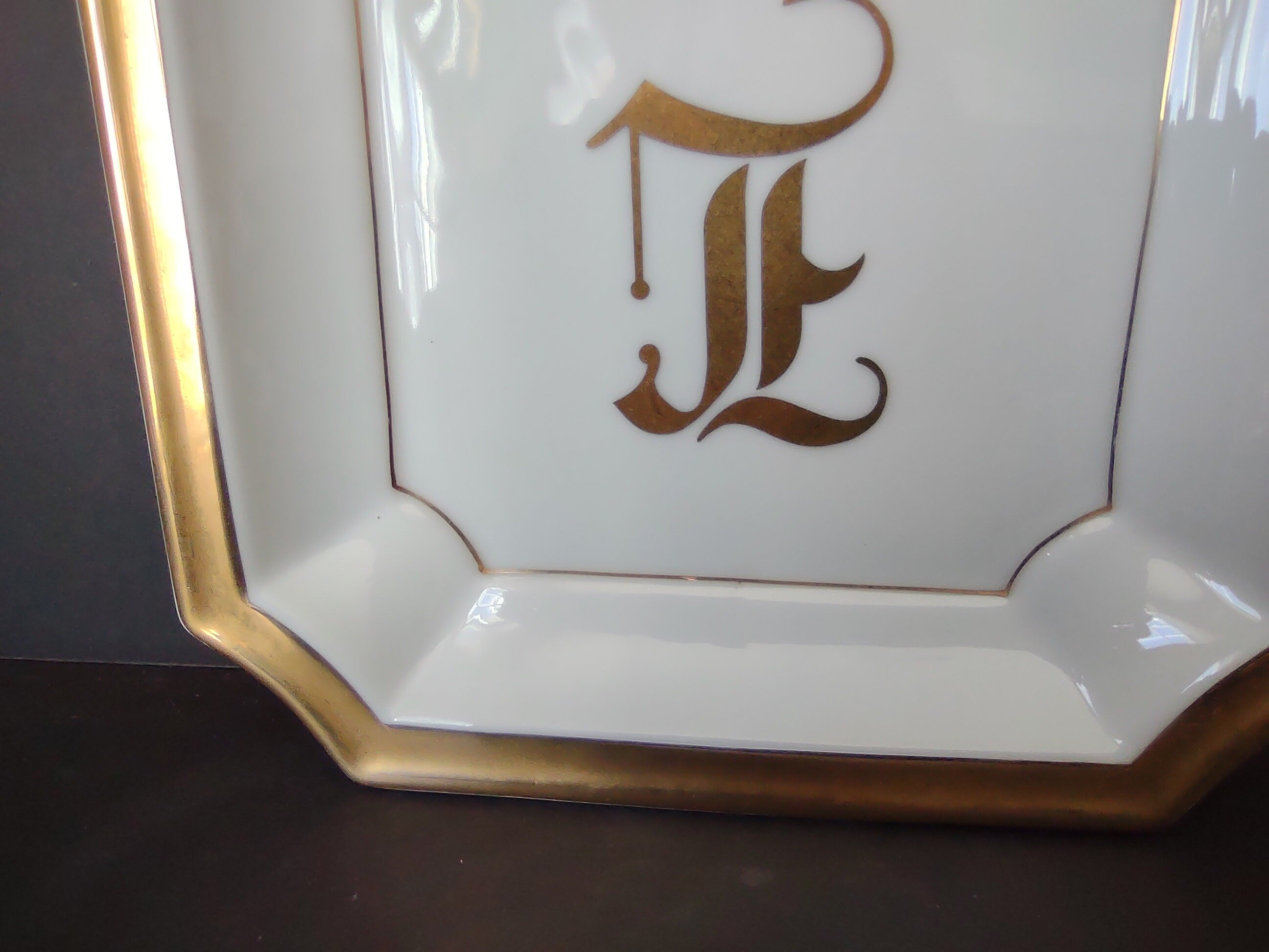 White Gold Trim Vintage Ashtray 8-1/4" x 8-1/4" Monogrammed L (lot 330)