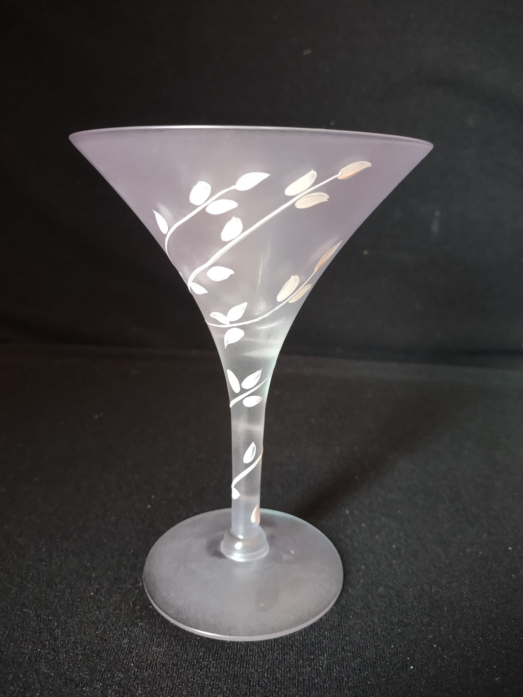Vintage MCM Frosted Martini Glass Pink Leaves Handpainted (lot 2739)