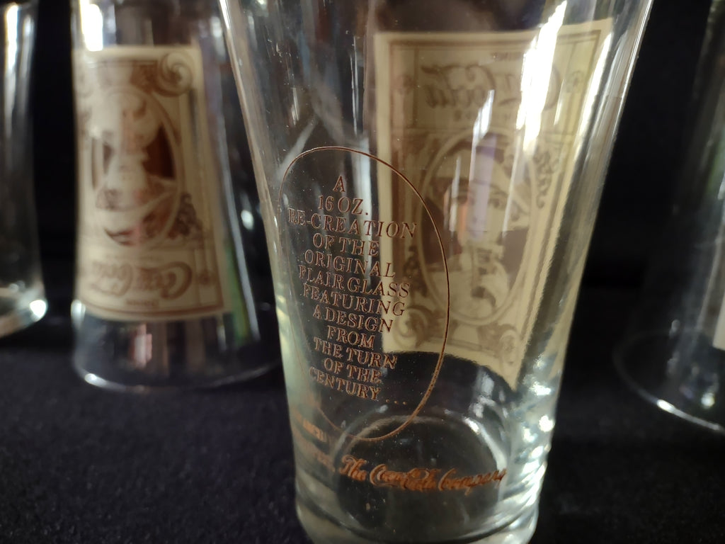 Vintage Coca-Cola Flair 16 oz. Drinking Glass x 4 Brown Design (lot 5412)