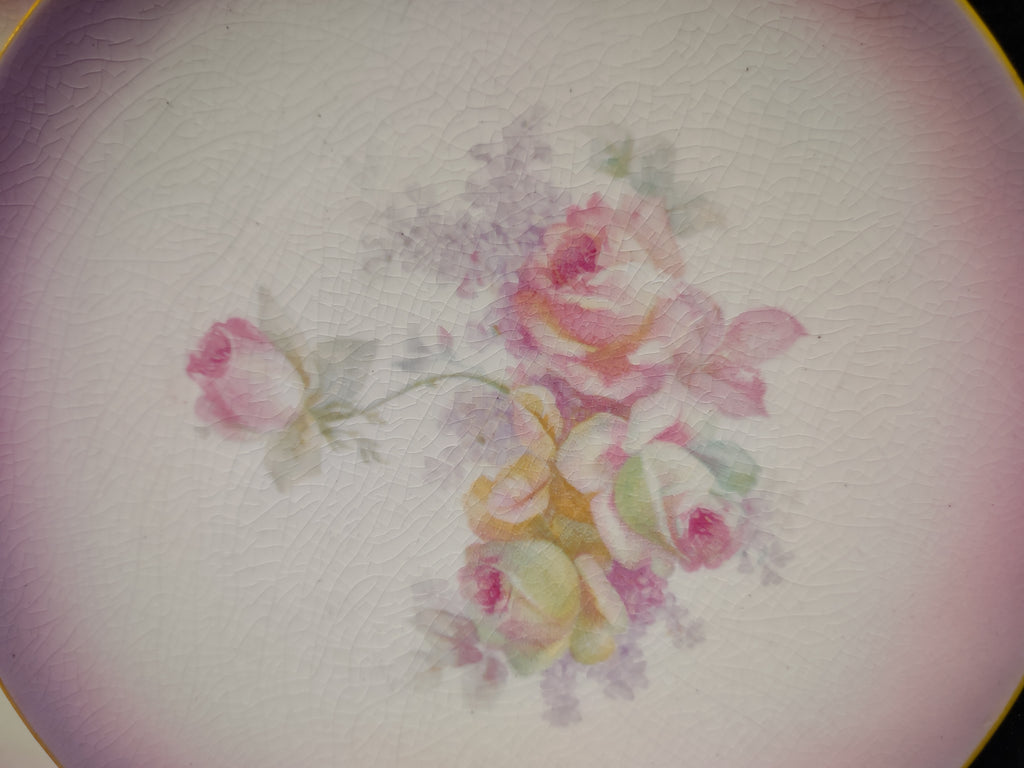 Vintage Farmhouse Cottage Pink Roses Dessert Plate CRAZING x 6 (lot 5392)