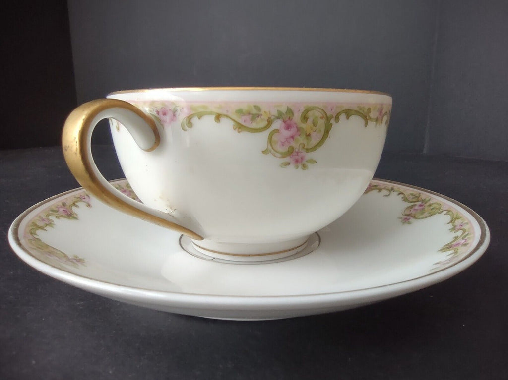 Haviland Limoges Gold Green & Pink Rose Garland Trim Teacup & Saucer (lot 686)