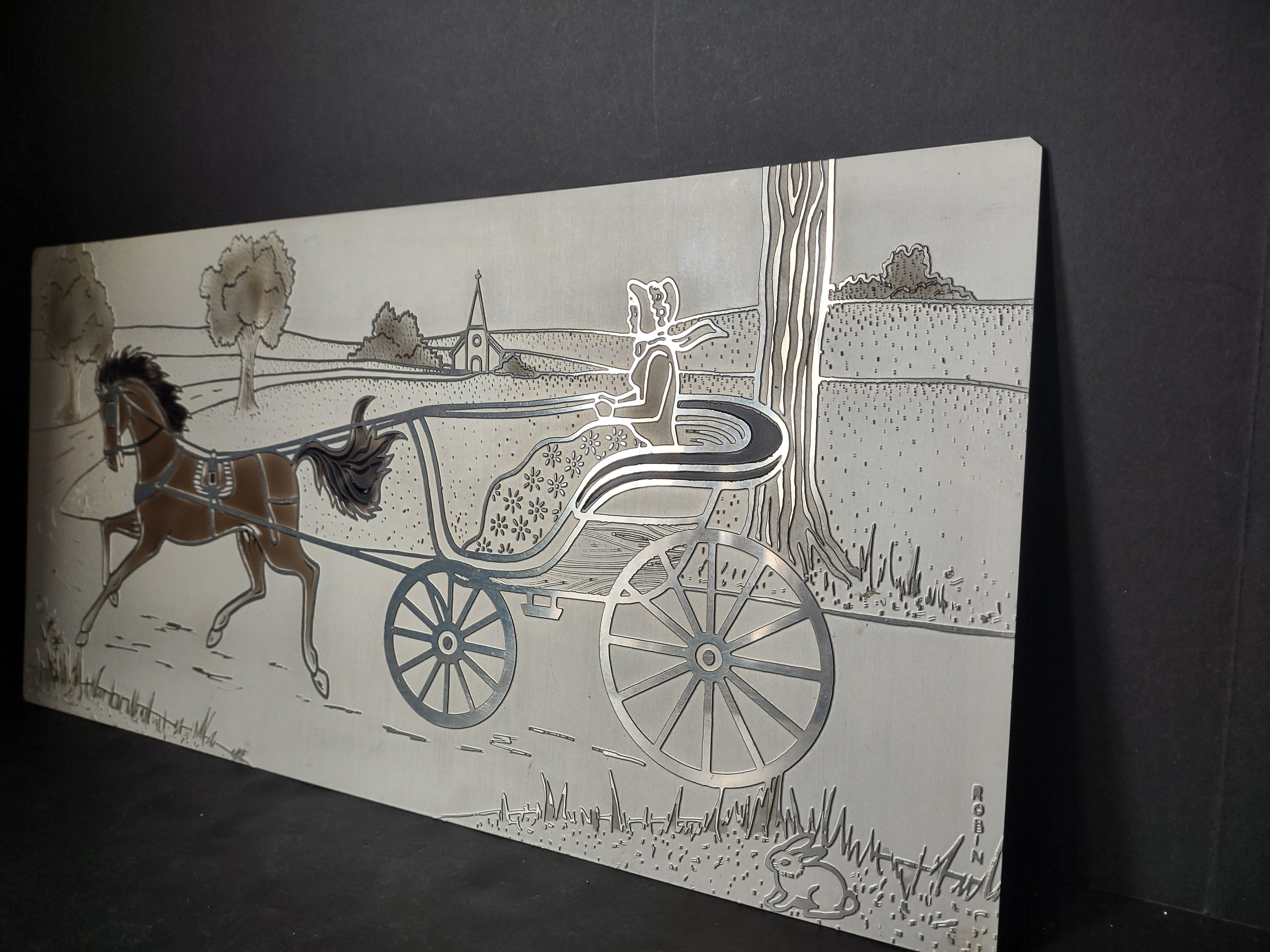 Set of 2 Tin Metal Picture Sign Horse Baggy (lot 2511c)