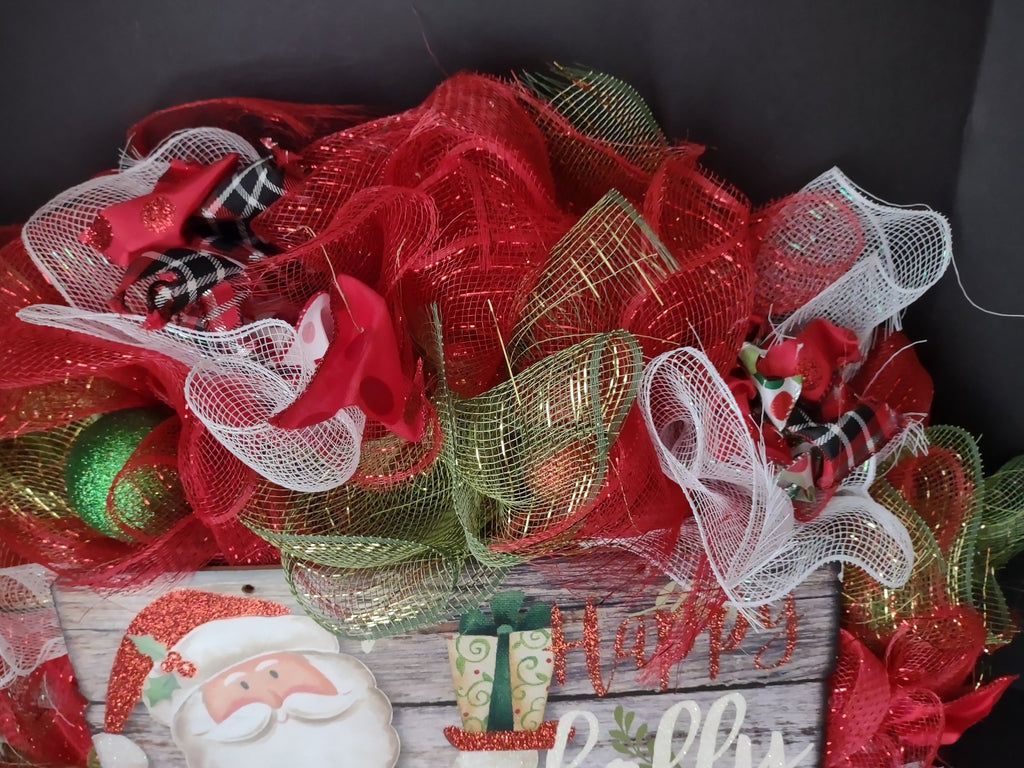 Christmas Happy Holly Days Mesh Ribbon Wreath Handmade 22" (lot 1399)