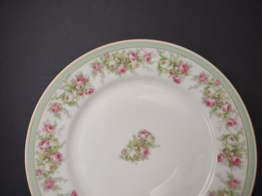 Coronet Limoges France 4 x Dinner Plate Mint Band Gold Trim Pink Rose (lot 550)