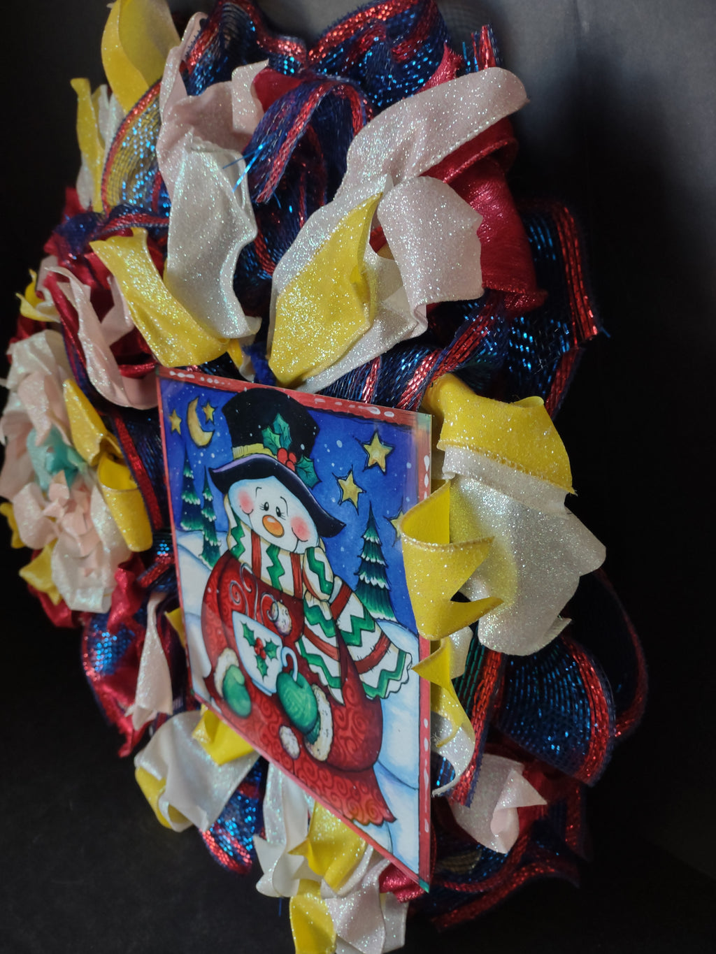 Handmade Christmas Wreath Red Blue White Sparkly Ribbon Snowman 20" (lot 1292)