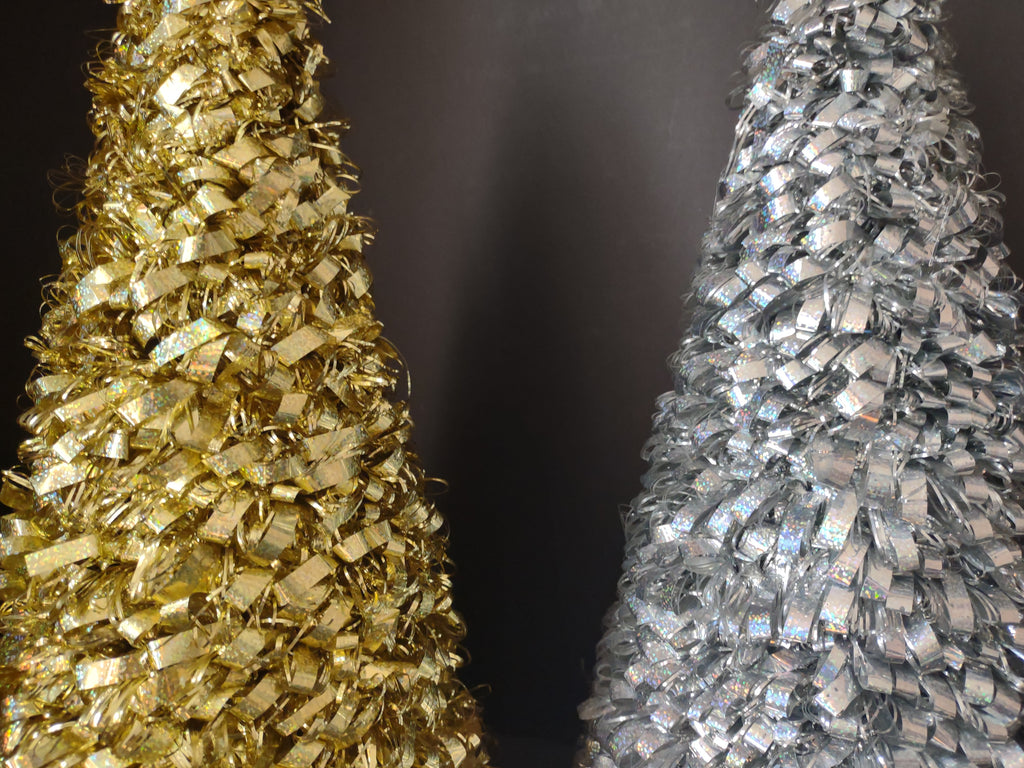 Holographic Tinsel Cone Tabletop Christmas Tree Gold Silver 19" (lot 3178)