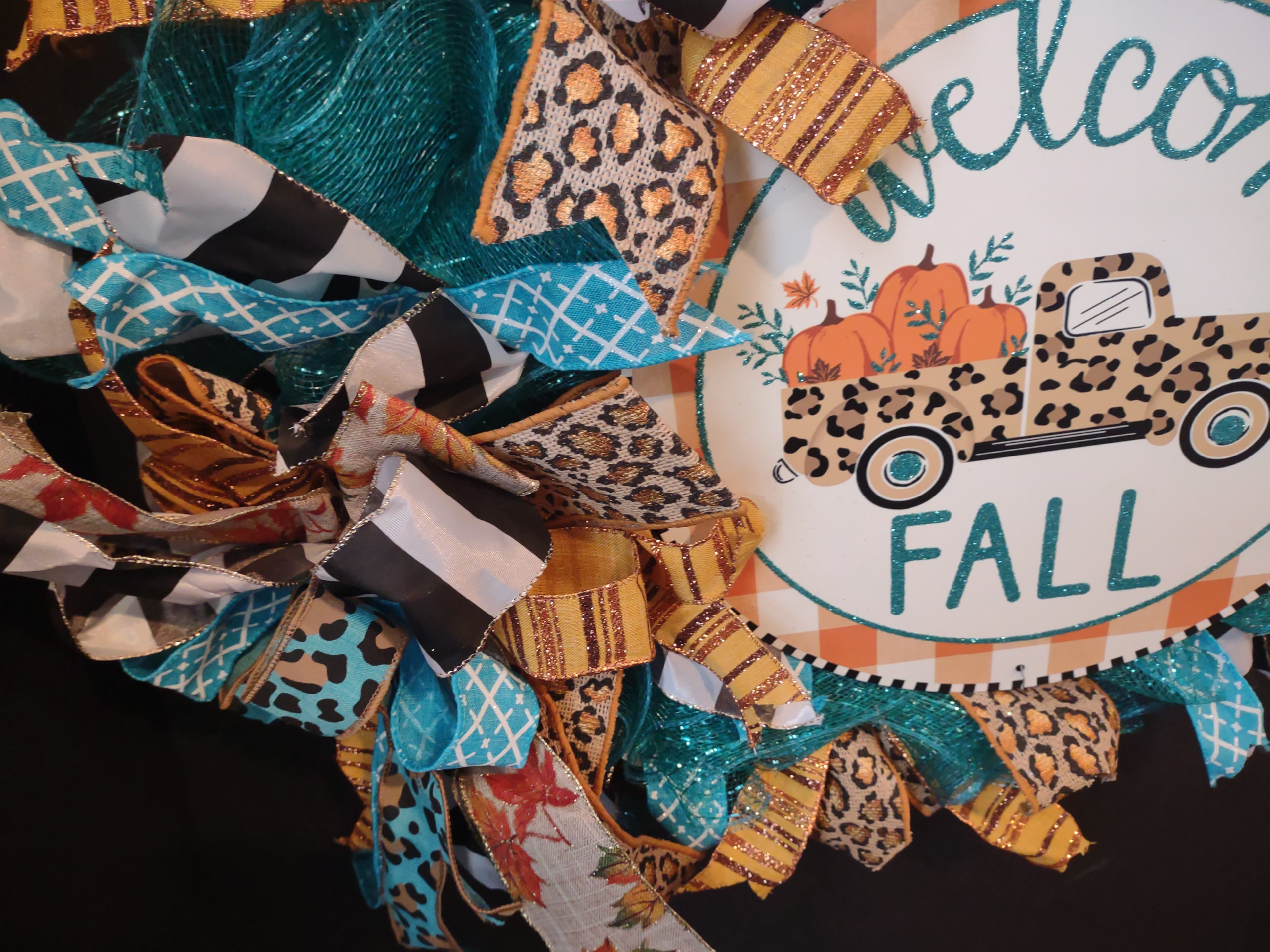 Autumn Fall Front Door Wreath Mesh Ribbon Decor Welcome Truck (lot 1367)