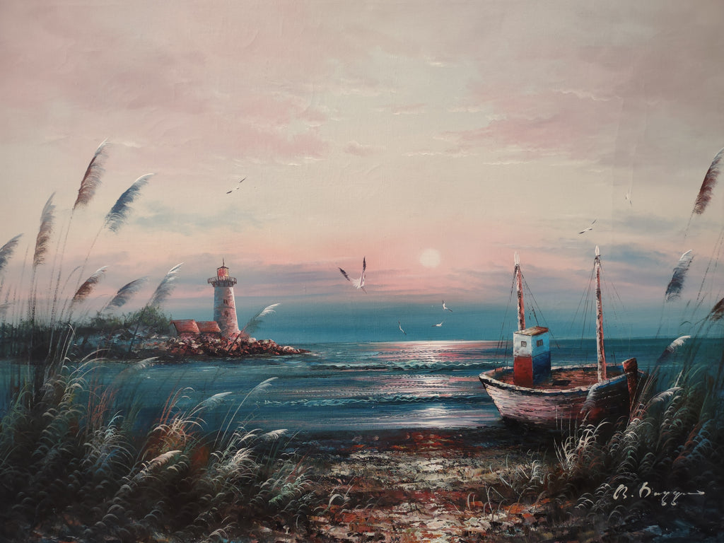 B. Duggan Signed Canvas Oil Painting Seascape Lighthouse 24 x 36 (lot 2633c)