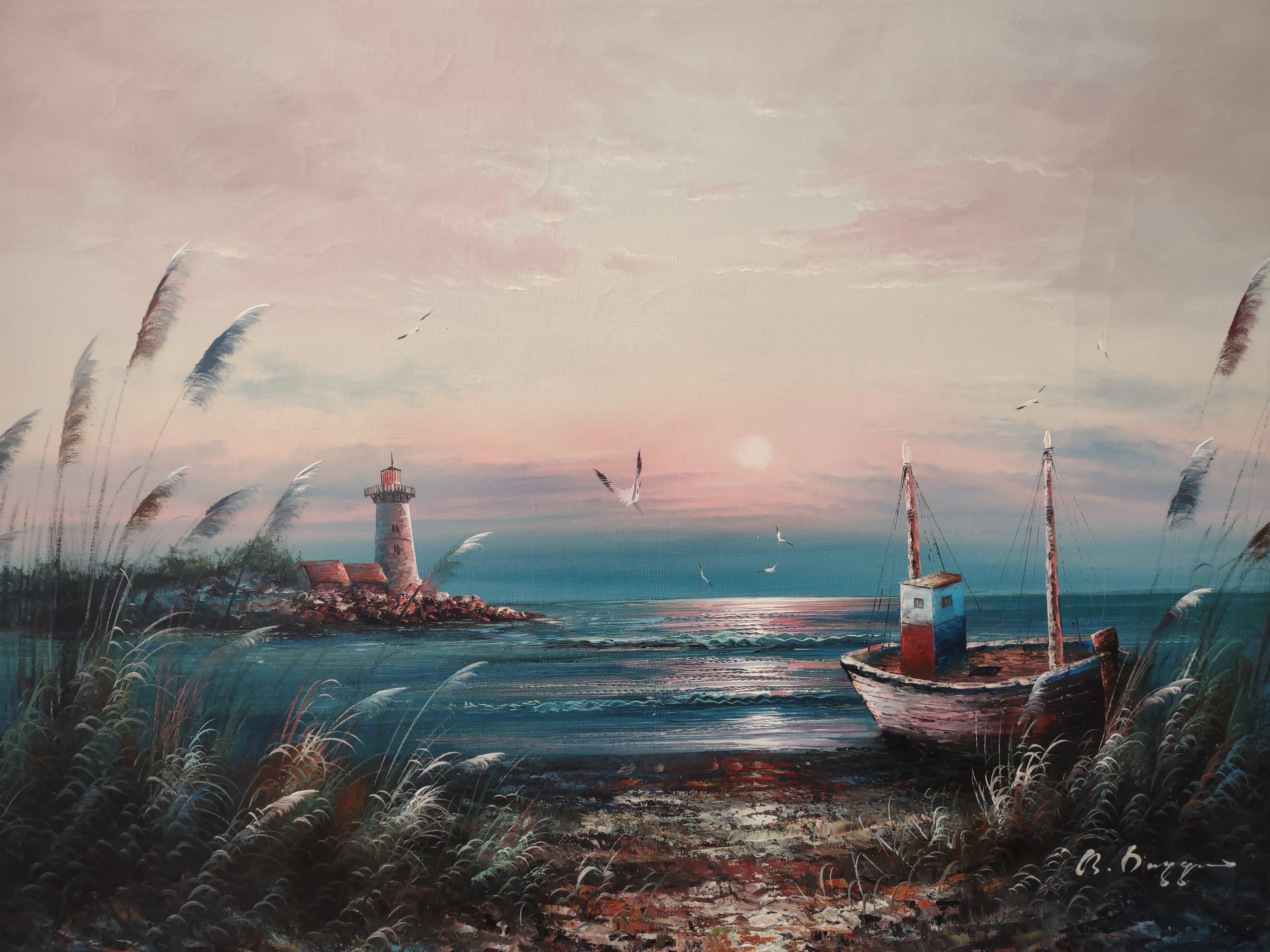 B. Duggan Signed Canvas Oil Painting Seascape Lighthouse 24 x 36 (lot 2633c)