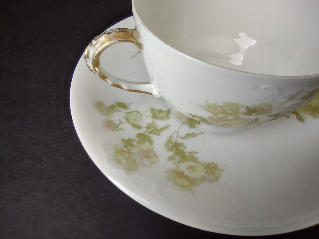 JP Limoges France Porcelain Teacup & Saucer Green Flower Gold Handle (lot 734)