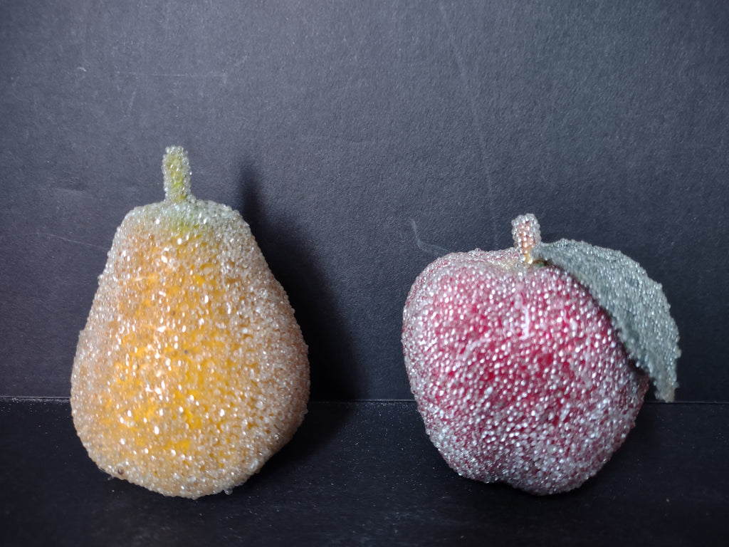 Vintage MCM Sugared BEADED Fruit Refrigerator Magnets Apple Pear (lot 5042)