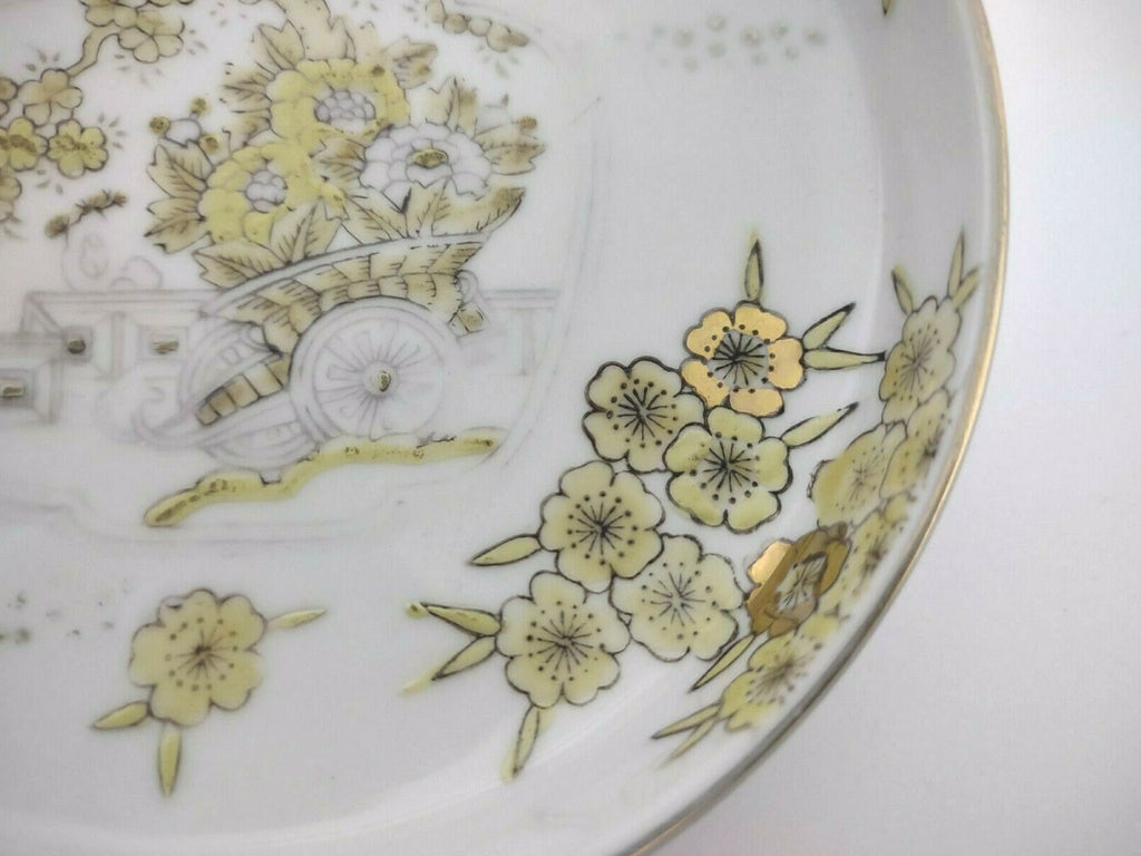 Vintage Gold Imari Hand Painted Trinket Dish Gold Yellow Flower Round Tray 001