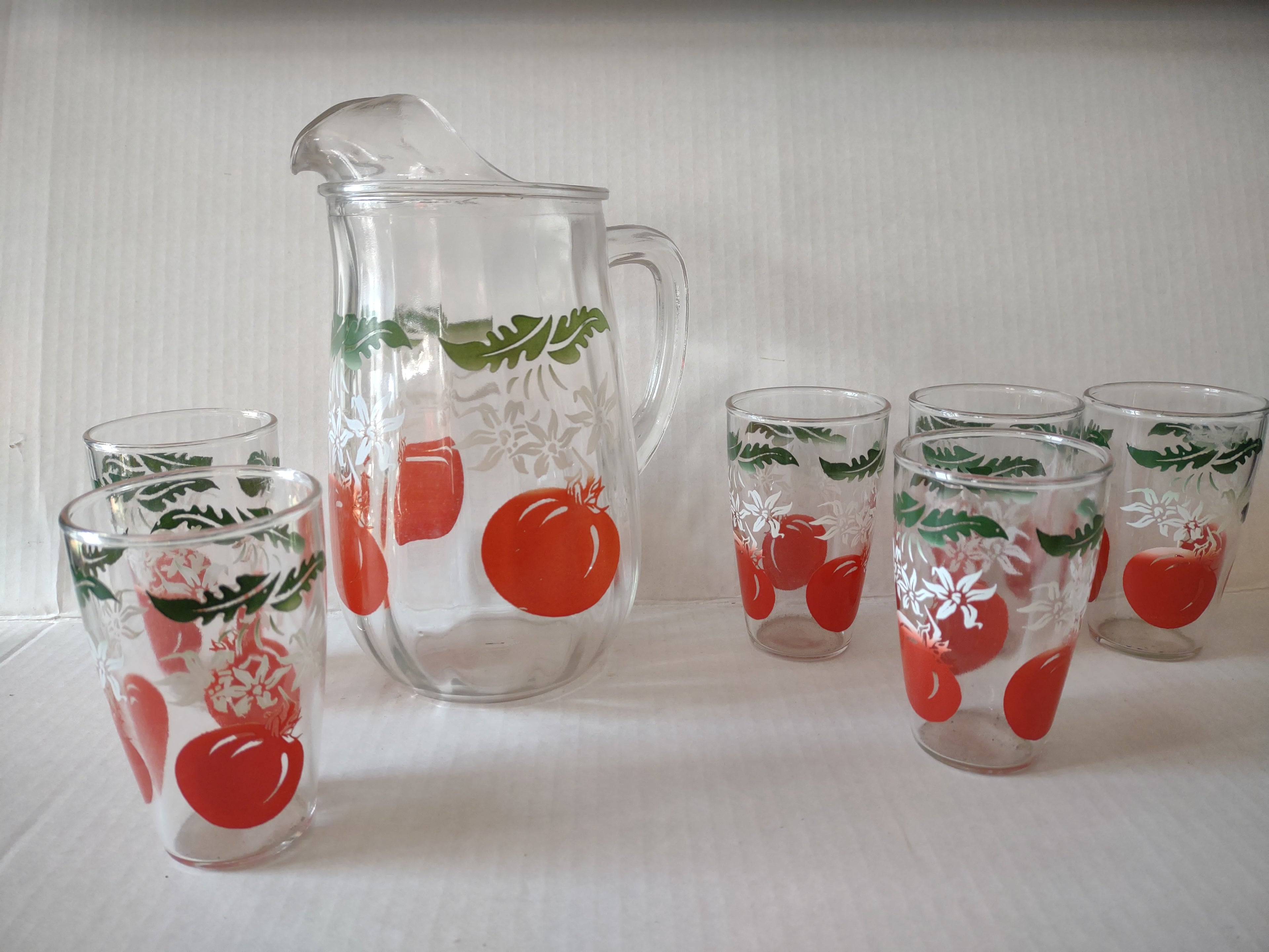 Vintage MCM Bartlett Collins Tomato Pitcher Drinking Glass x 6 (lot 5168)