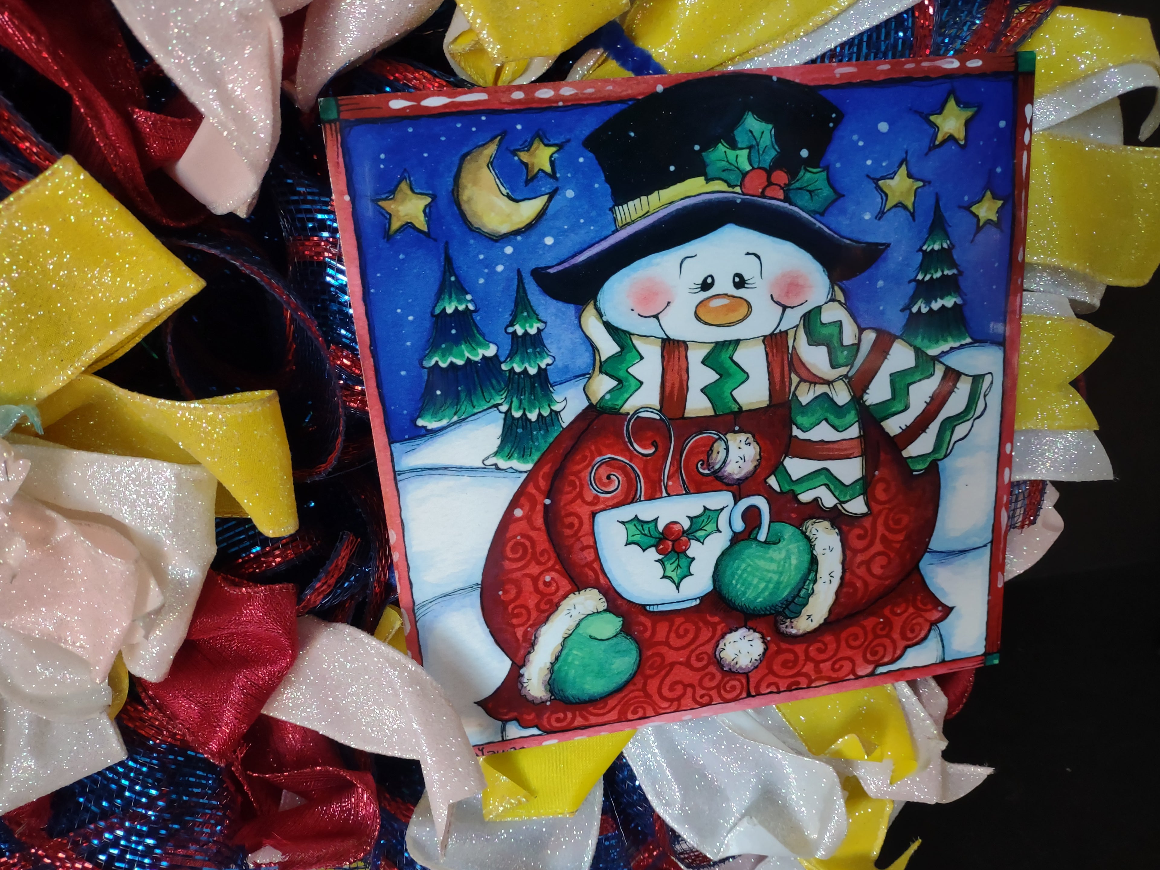 Handmade Christmas Wreath Red Blue White Sparkly Ribbon Snowman 20" (lot 1292)