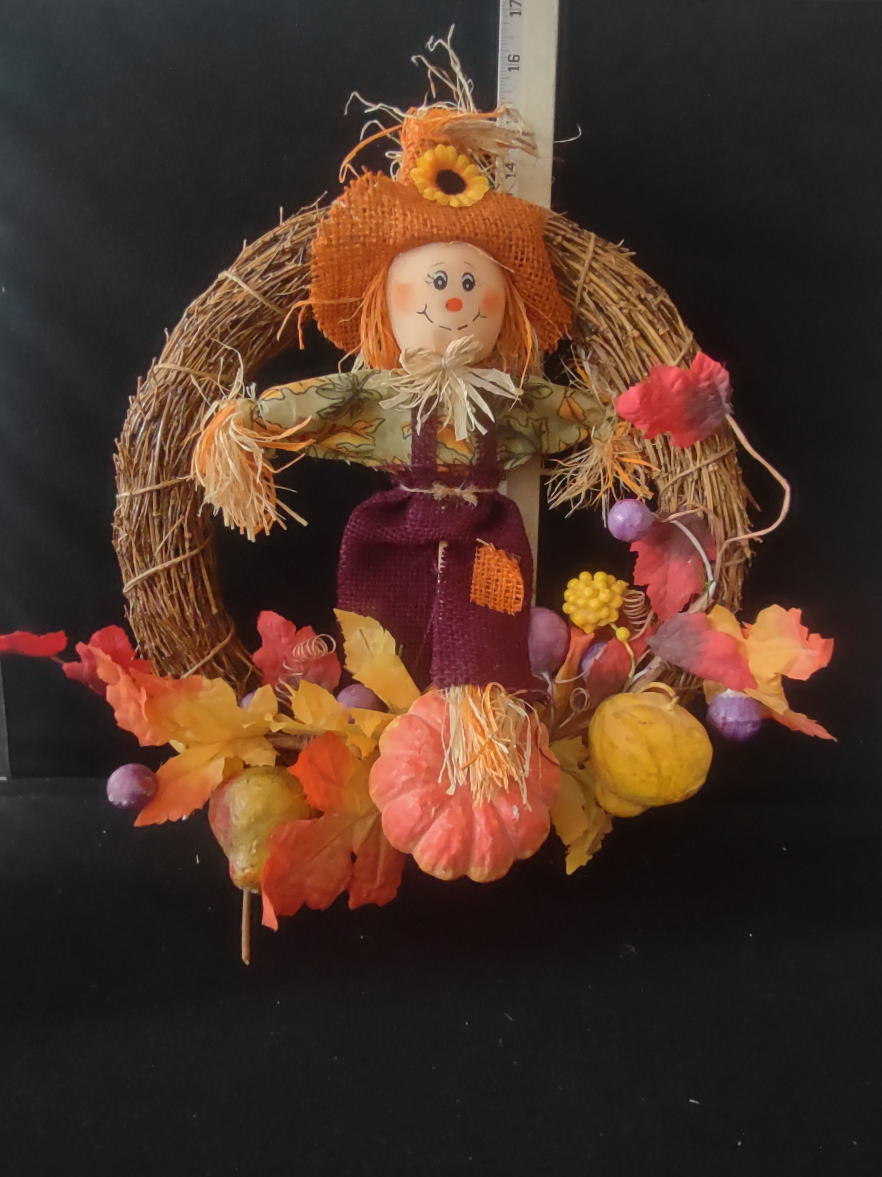 Halloween/Thanksgiving/Fall Scarecrow Leaf Pumpkin Fruit Twig Wreath (Lot 3455)