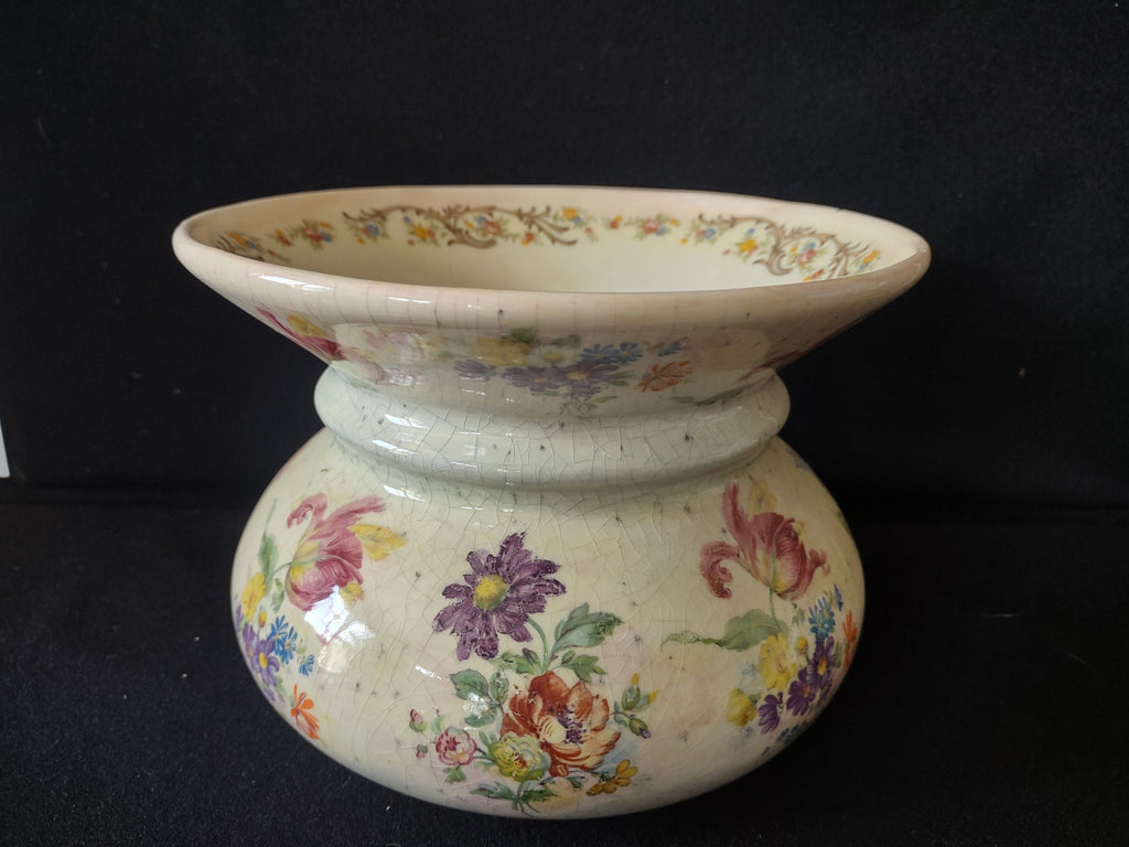 Vintage Floral Round Vase Heavy Crazing Aged Cottage (lot 5522)