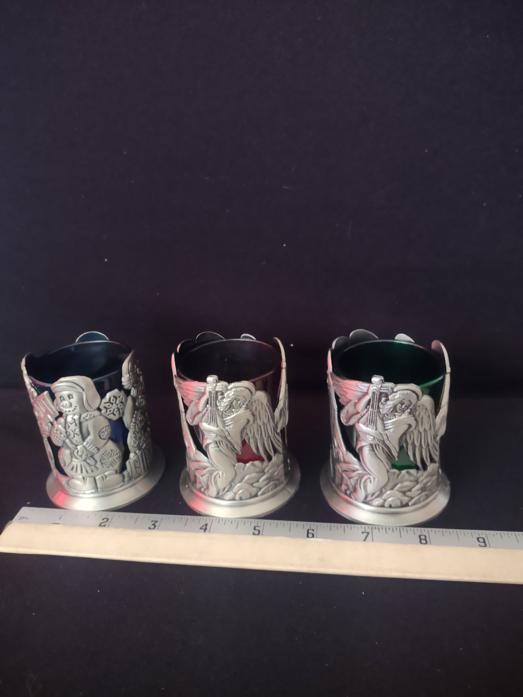 Christmas Holiday Pewter Tea Light Holder 2 Angel 1 Snowman (Lot 4565)
