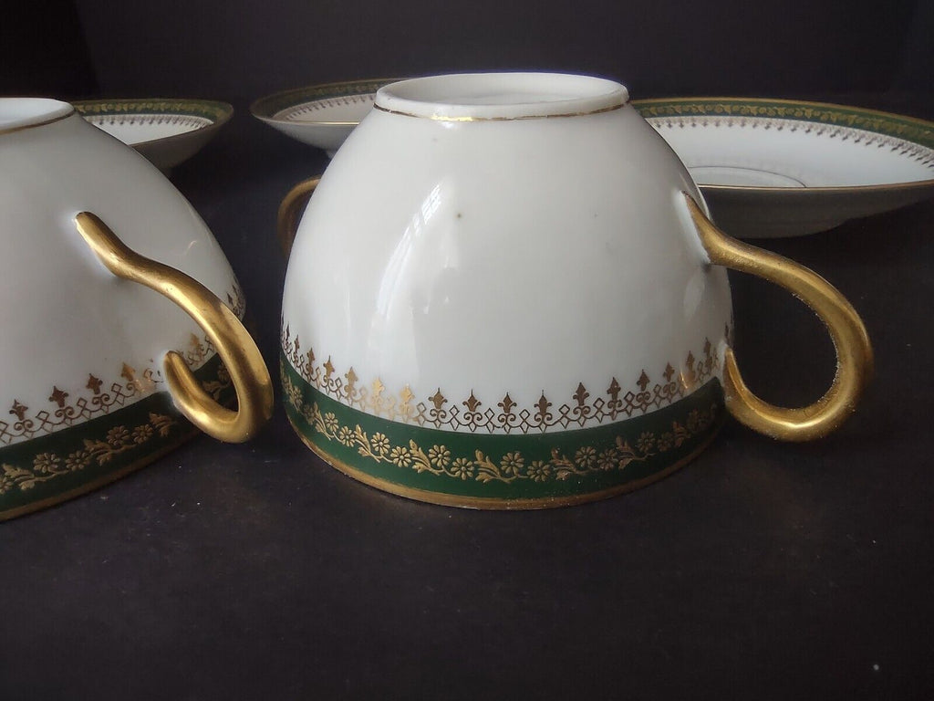 GDA LimogesFrance Gold Trim Green 2 Handle 5 x Bouillion Cup & Saucer (lot 612)